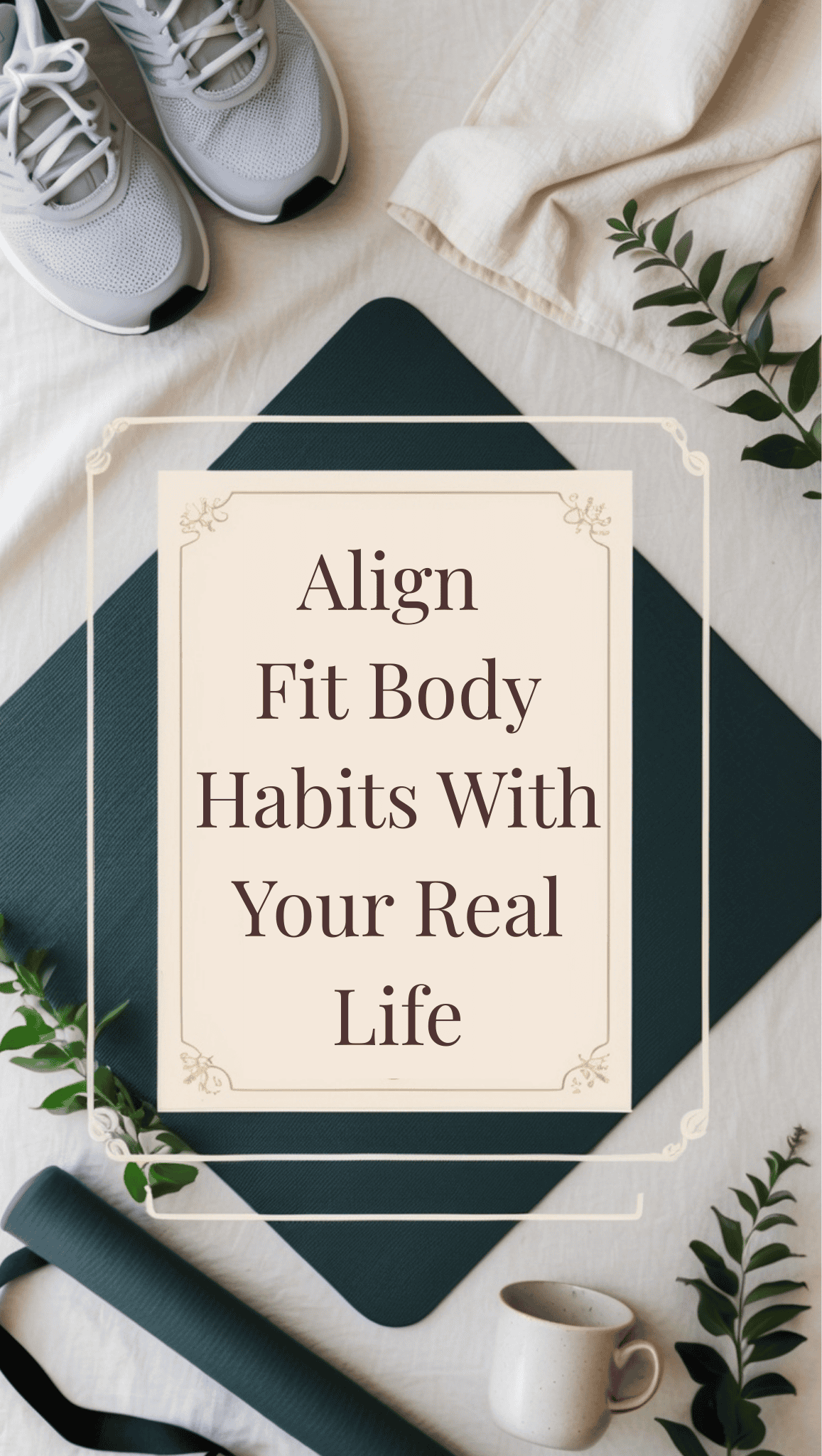 A flat lay of fitness essentials—sneakers, a yoga mat, towel, water bottle, and greenery—centered around a sign that reads Align Fit Body Habits With Your Real Life. Start your journey to balanced wellness with Fit Body Habits.