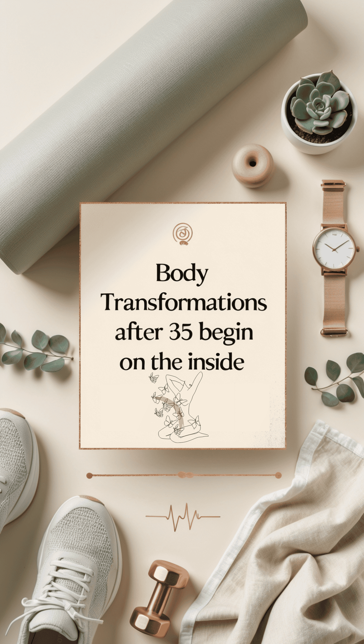 A flat lay of fitness items—sneakers, a yoga mat, dumbbells, a watch, a towel, and small plants—surrounds a sign that reads, Fit Really Means After 35: Body Transformations begin on the inside.