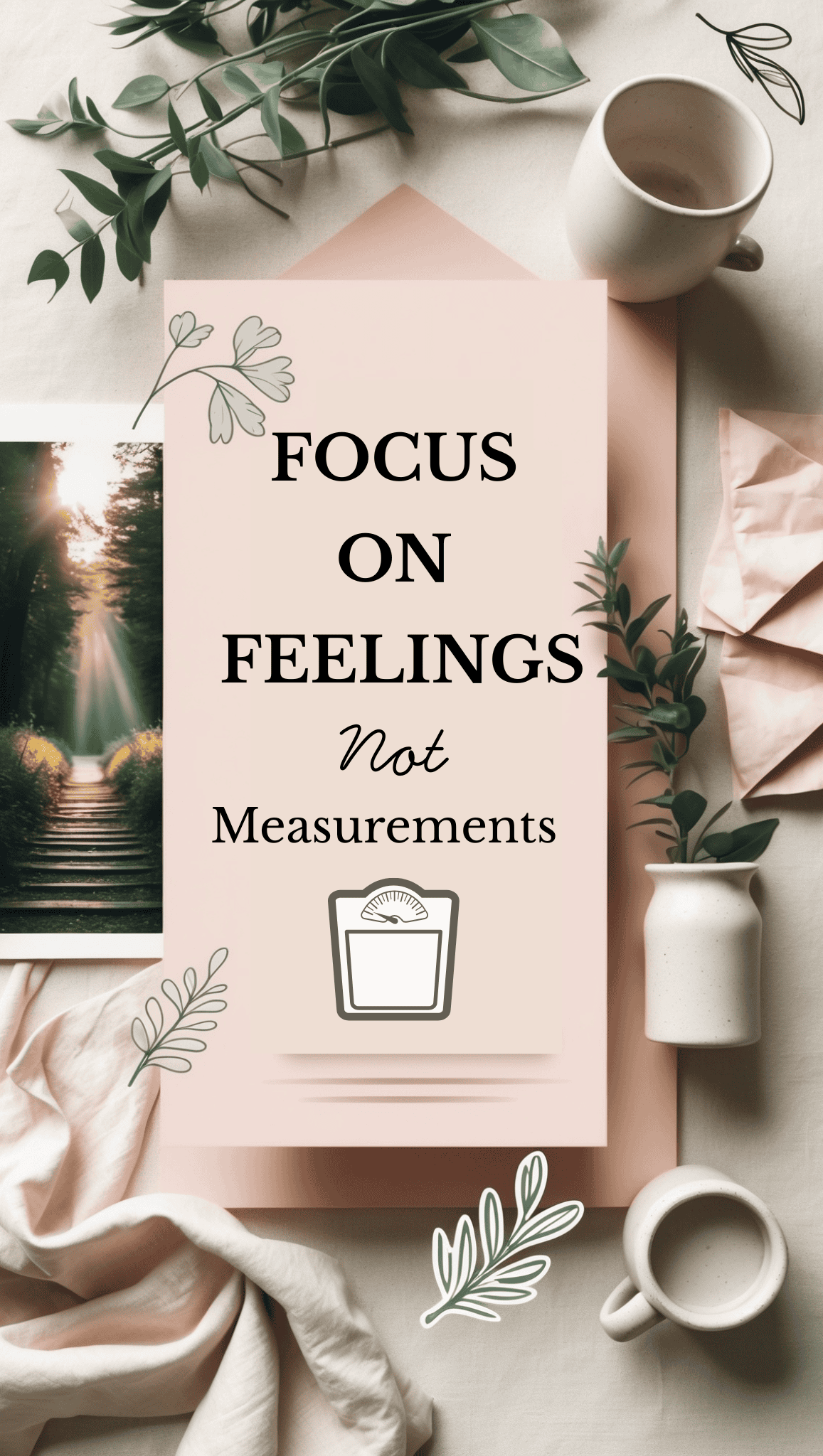 A flat lay with cups, leaves, a photo of a sunlit path, and a card stating Focus on feelings not measurements above a scale drawing—perfect inspiration for Vision Board Ideas—all in soft pastel colors.