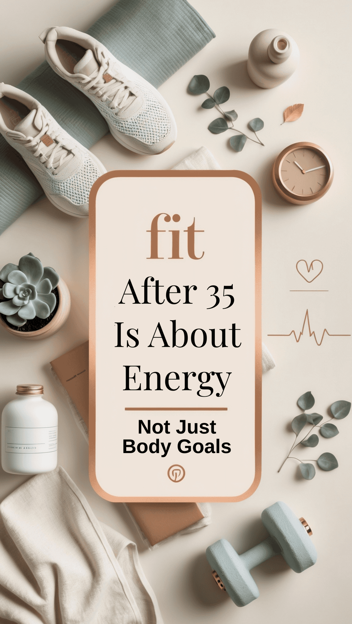 Flat lay of fitness items with text: Fit Really Means After 35 is about energy, not just body goals—featuring sneakers, dumbbells, a water bottle, towel, clock, notebook, succulent plant, and eucalyptus sprigs.