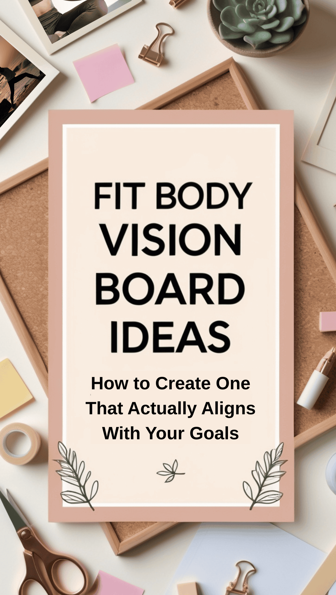A vision board with the text Fit Body Vision Board Ideas: How to Create One That Actually Aligns With Your Goals, surrounded by stationery, a plant, and photos—a perfect way to visualize and achieve your fit body goals.