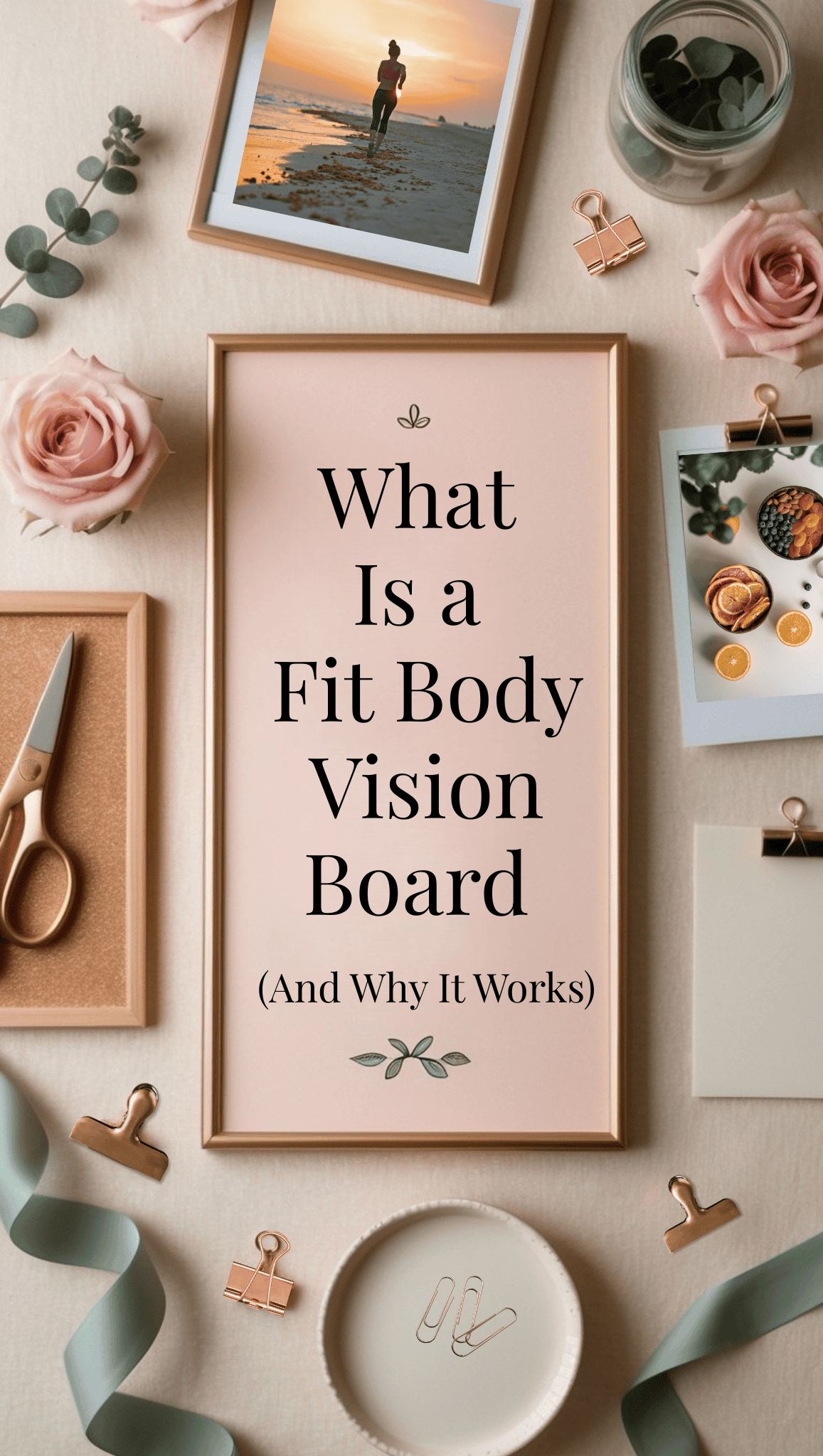 A flat lay with a framed sign reading “What Is a Fit Body Vision Board (And Why It Works),” surrounded by roses, scissors, ribbon, keys, snacks, a candle, and a photo of beach running—perfect for gathering Fit Body Vision Board Ideas.