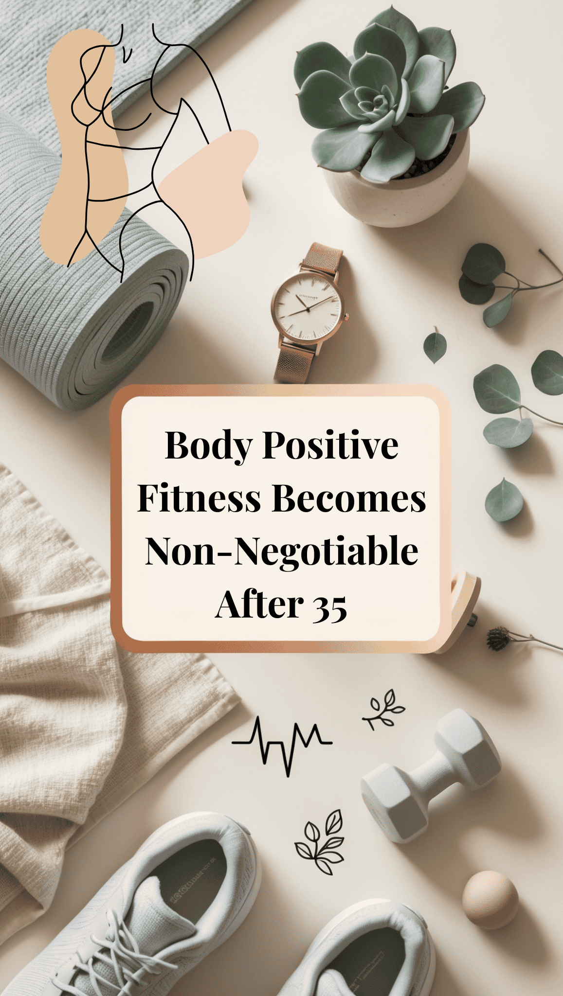 Flat lay of fitness items—yoga mat, dumbbells, sneakers, sports bra, watch, and a succulent—with “Body Positive Fitness: Discover What Fit Really Means After 35” centered in bold text.