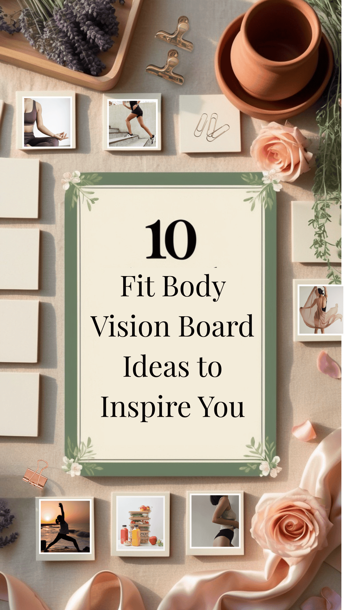 A vision board with blank cards, flowers, and fitness-themed photos showcases 10 Fit Body Vision Board Ideas to Inspire You at the center, featuring images of running, yoga, and healthy food.