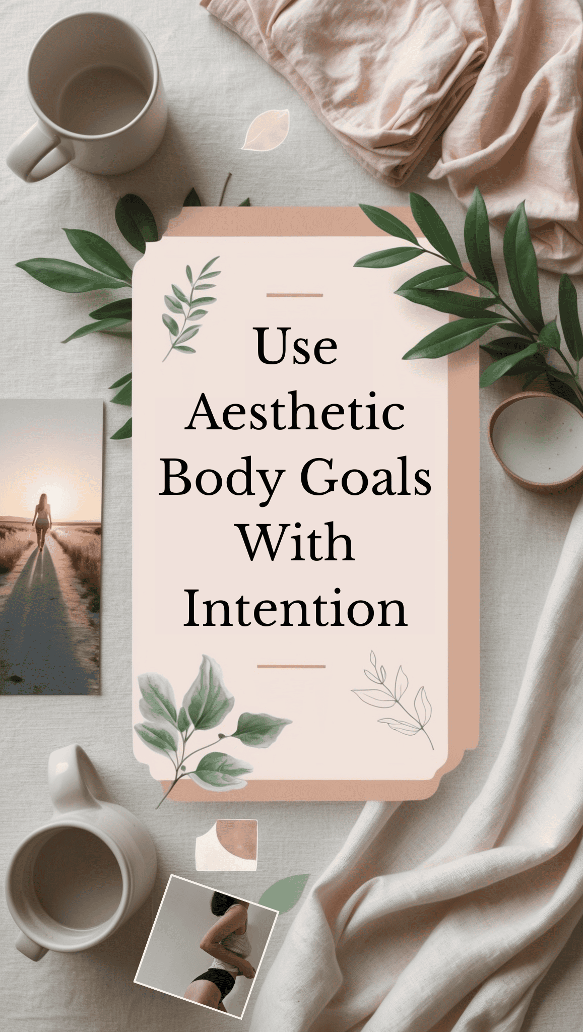 A flat lay with coffee cups, leaves, a photo of a woman walking, and fabric surrounds a sign that reads Use Aesthetic Body Goals With Intention—perfect inspiration for your Vision Board Ideas.