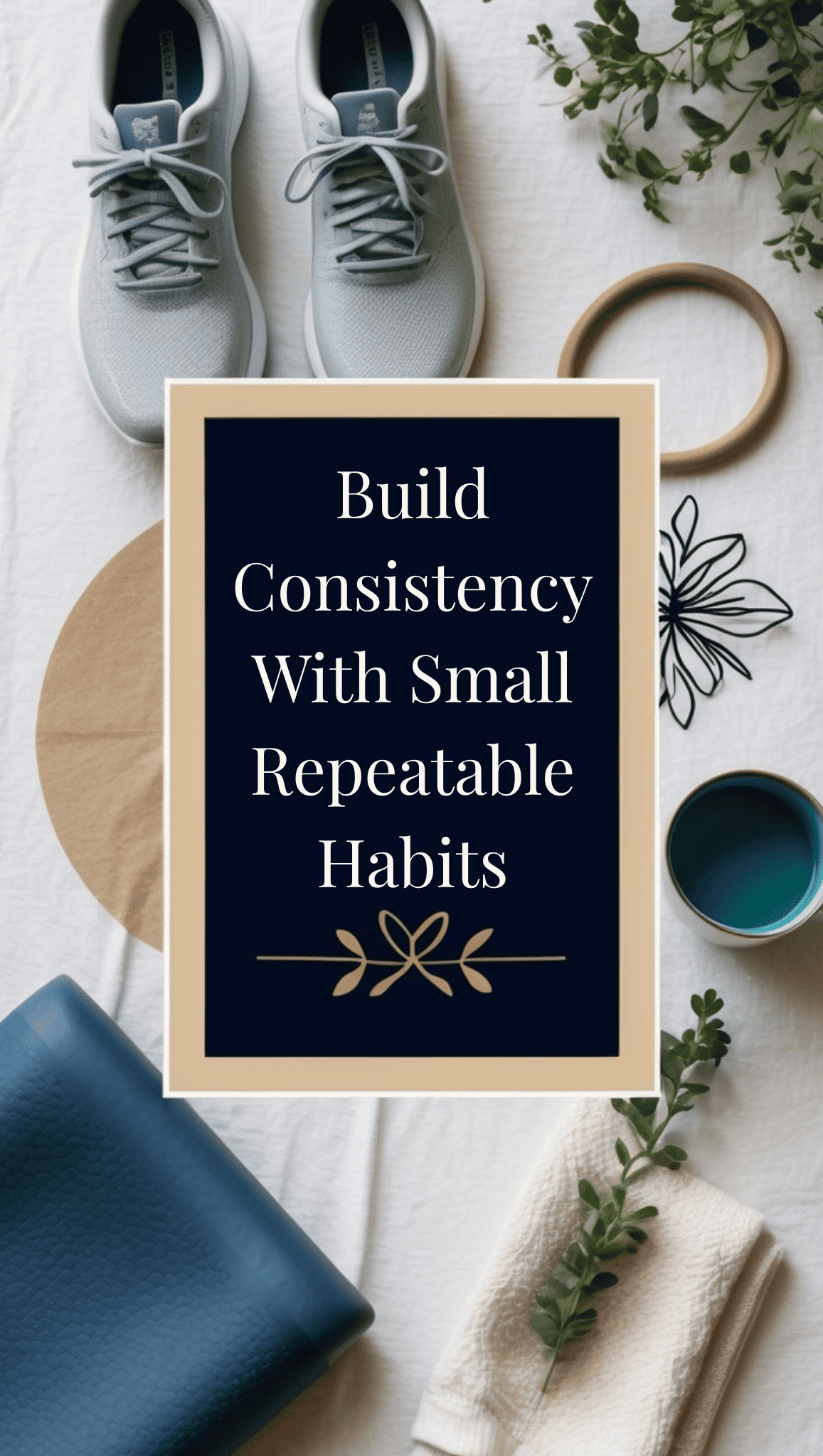 Flat lay of fitness items—including sneakers, a yoga mat, towel, plants, and a cup—surrounding a sign that reads: Build Consistency With Small Repeatable Habits. Start your journey with Fit Body Habits today.