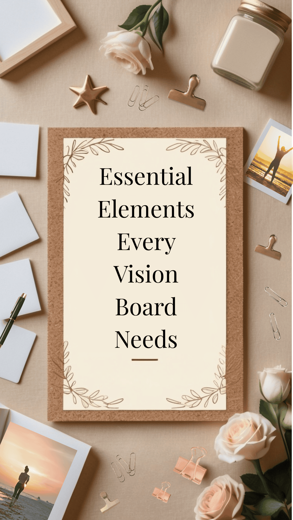 A flat lay of a brown clipboard holding a paper that reads, “Essential Elements Every Vision Board Needs,” surrounded by roses, photos, notecards, a candle, gold clips, and a pen—perfect inspiration for Fit Body Vision Board Ideas.
