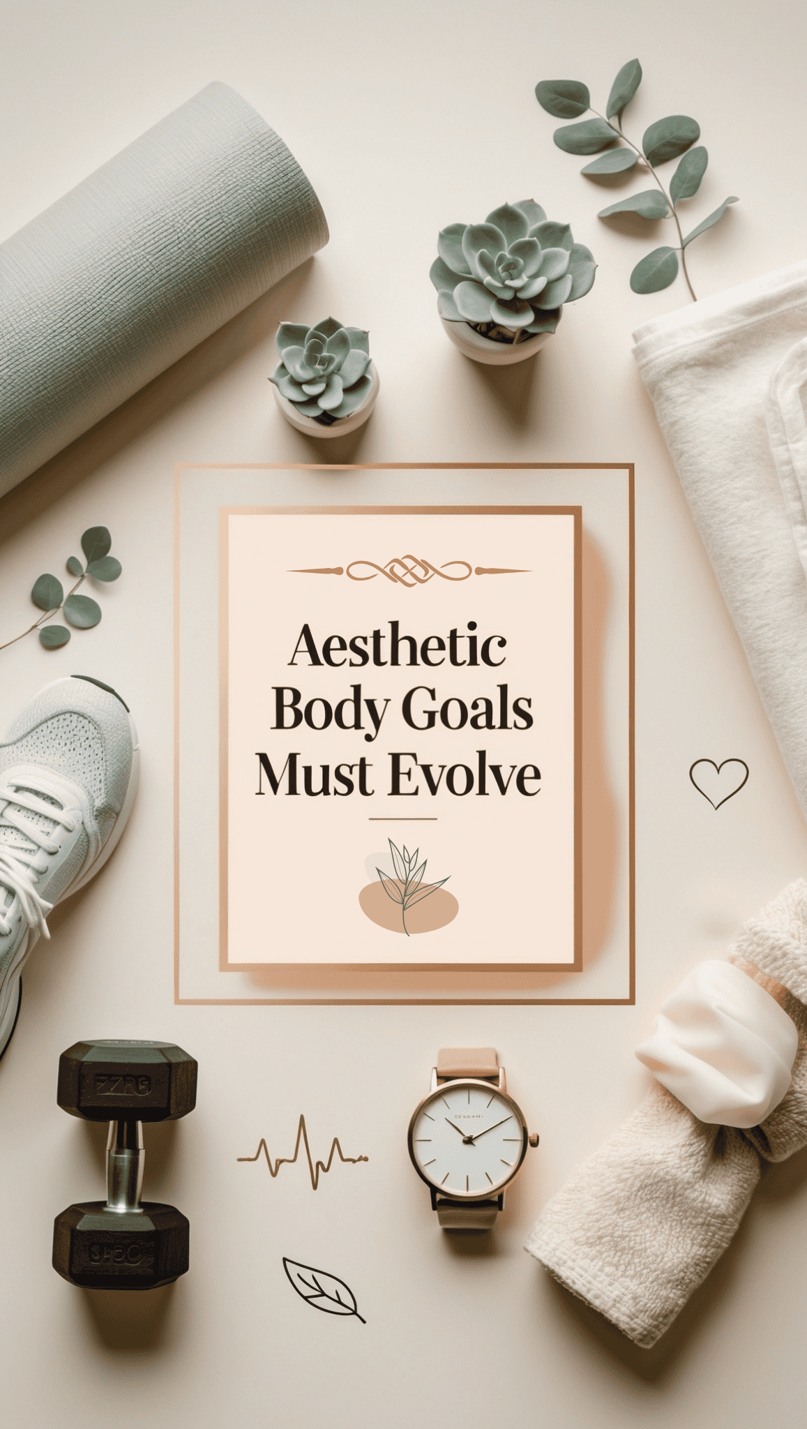 Flat lay of fitness and wellness items—including a yoga mat, towel, dumbbell, sneaker, watch, and succulents—with the text “Aesthetic Body Goals Must Evolve” on a neutral background. Discover what Fit Really Means After 35.