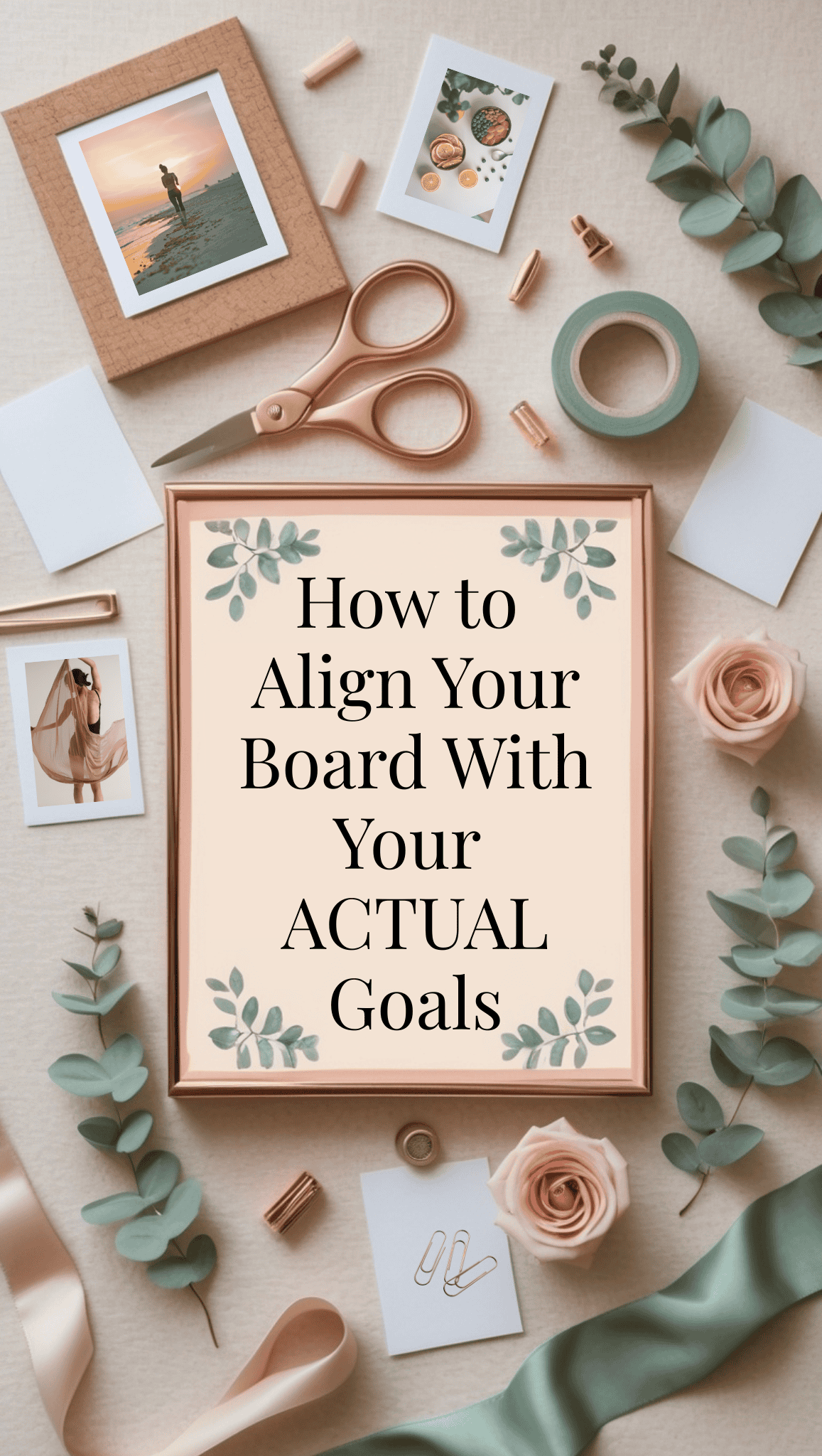 A flat lay of craft supplies, photos, flowers, and greenery surrounds a framed sign: How to Align Your Board With Your ACTUAL Goals. The soft, pastel scene is perfect for inspiring Fit Body Vision Board Ideas.