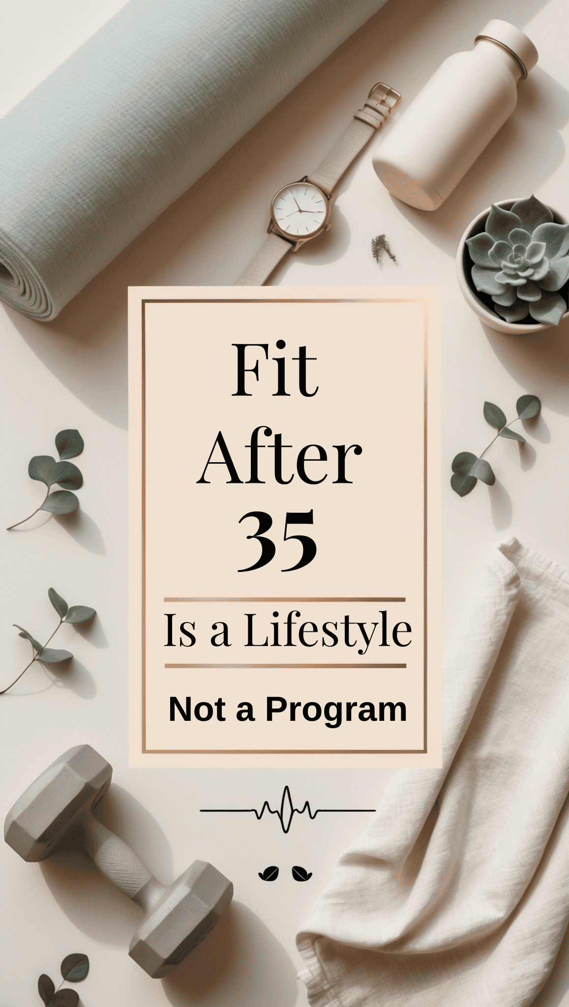 Flat lay of fitness items including a yoga mat, water bottle, dumbbell, towel, and eucalyptus leaves. Center text reads: “Fit After 35 Is a Lifestyle, Not a Program—discover what Fit Really Means After 35.”.