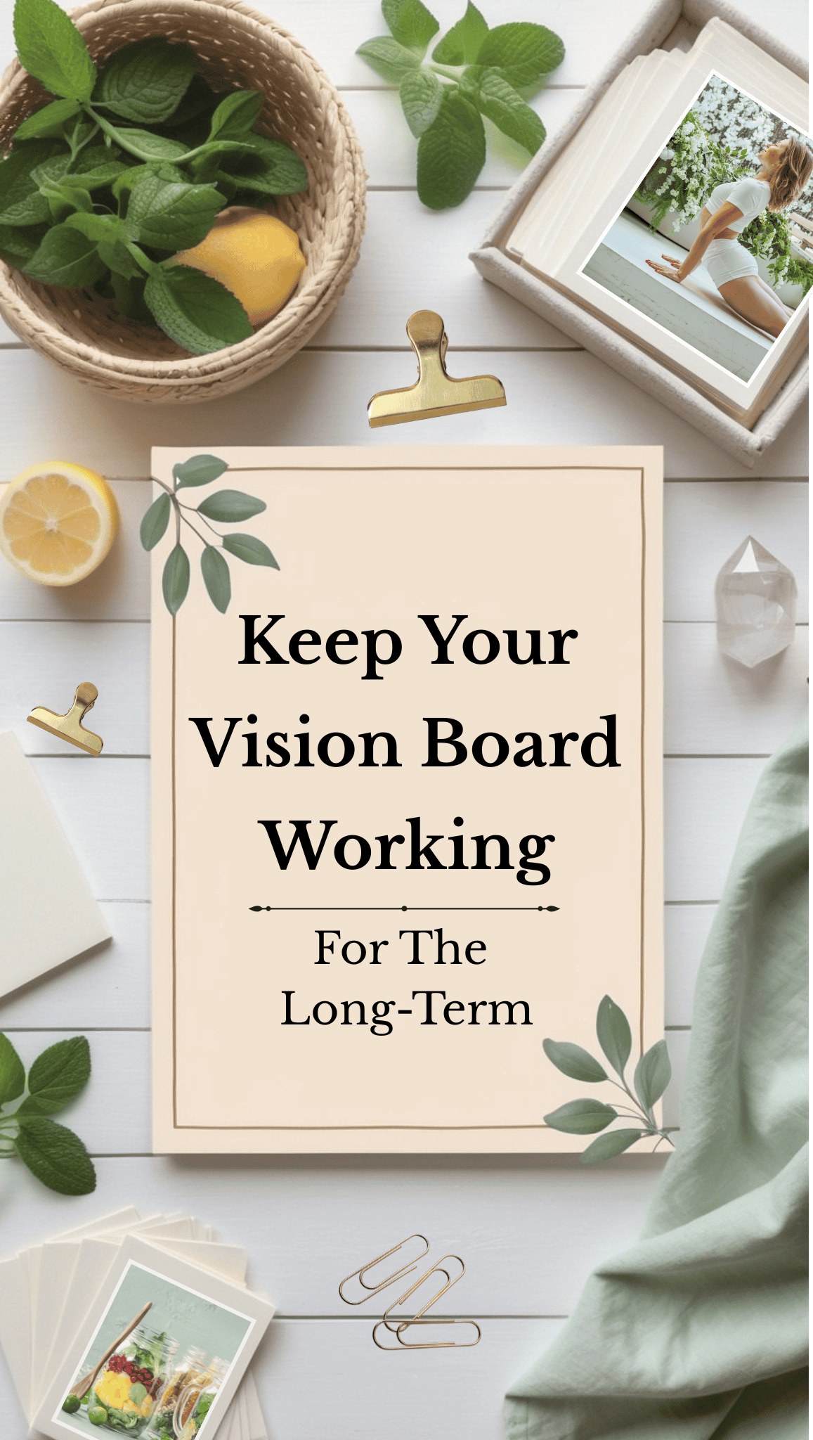 A flat lay of a vision board setup with a clipboard reading “Keep Your Vision Board Working For The Long-Term,” surrounded by mint, lemons, photos, paper clips, and greenery—perfect inspiration for Fit Body Vision Board Ideas.