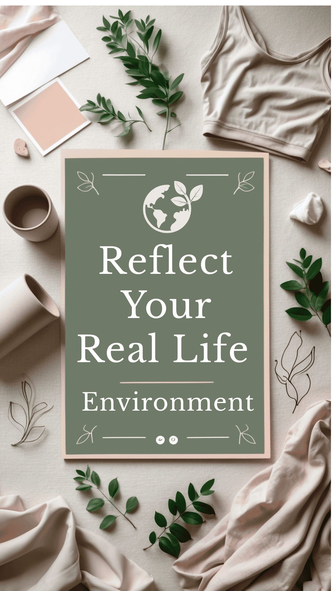 A flat lay of eco-friendly items, plants, and neutral-toned clothing surrounds a sign that reads, Reflect Your Real Life Environment with leaf and earth graphics on a green background—inspiring Vision Board Ideas.