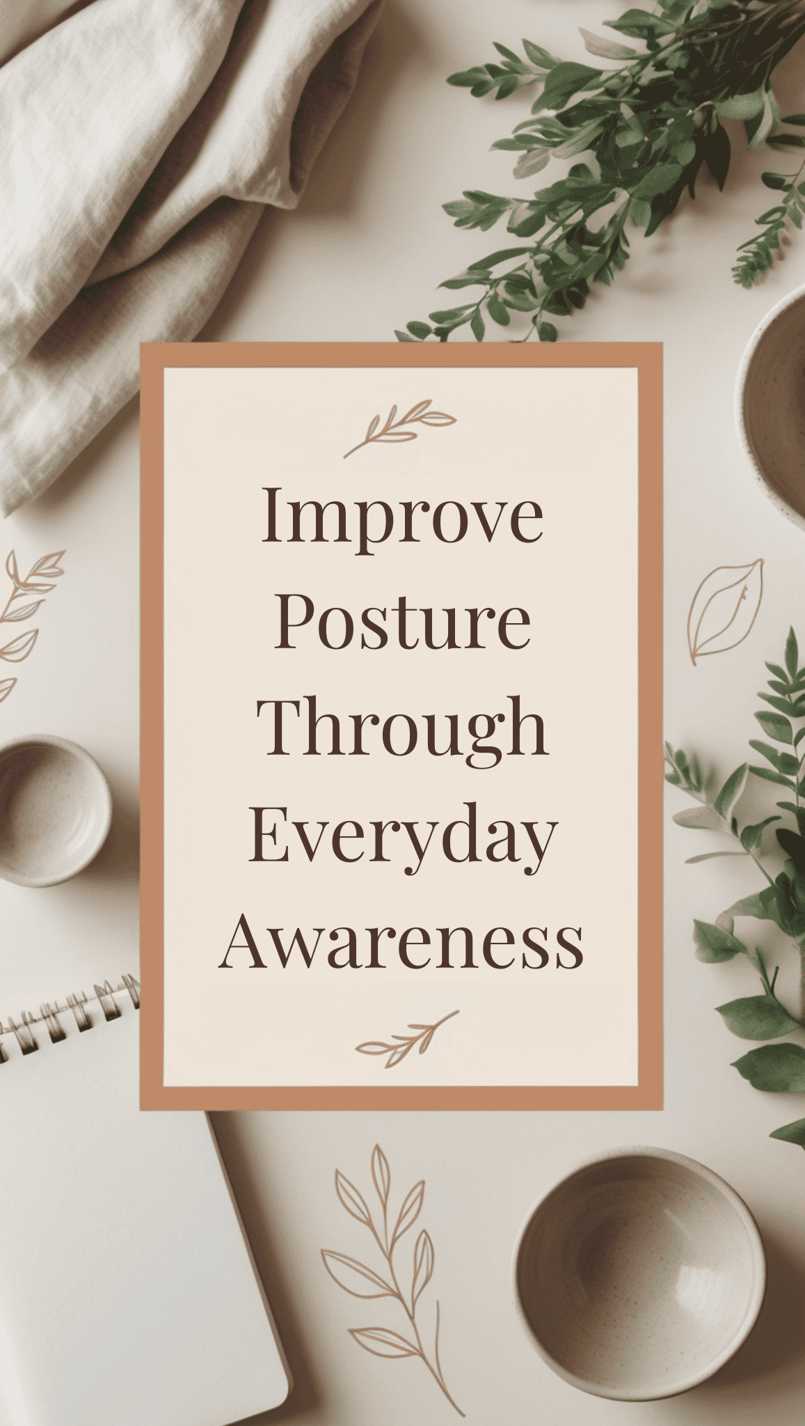 A flat lay image with a notepad, ceramic cups, linen cloth, and green leaves surrounds a sign that reads, Improve Posture Through Everyday Awareness—perfect inspiration for building Fit Body Habits.