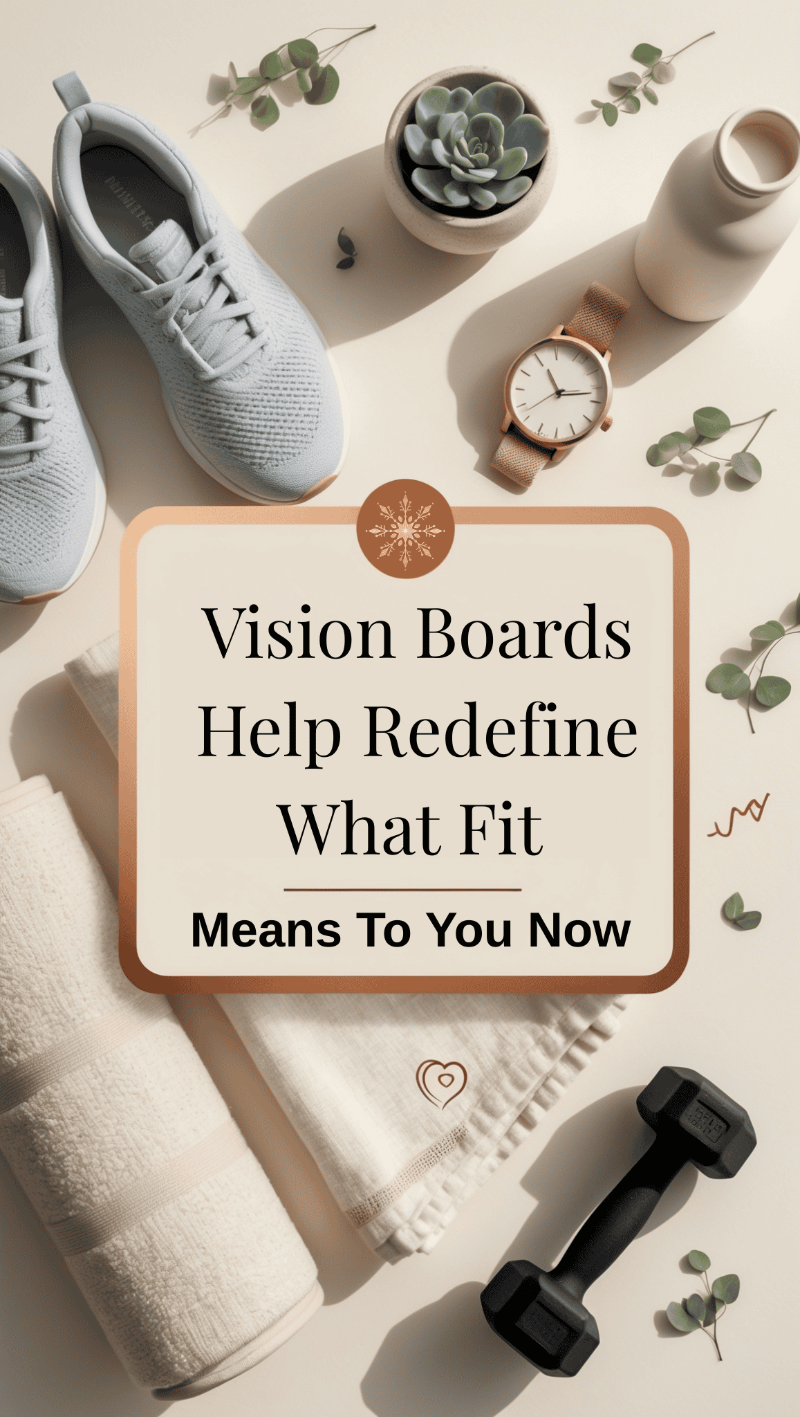 Flat lay of fitness items—sneakers, towel, water bottle, smartwatch, dumbbell, plant—surround a sign reading, Vision Boards Help Redefine What Fit Really Means After 35.