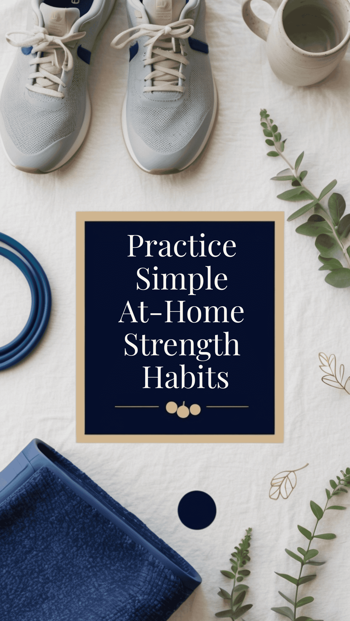 A flat lay with sneakers, a towel, a resistance band, a jug, and green sprigs on a white surface. In the center, a navy box reads: Practice Simple At-Home Fit Body Habits.