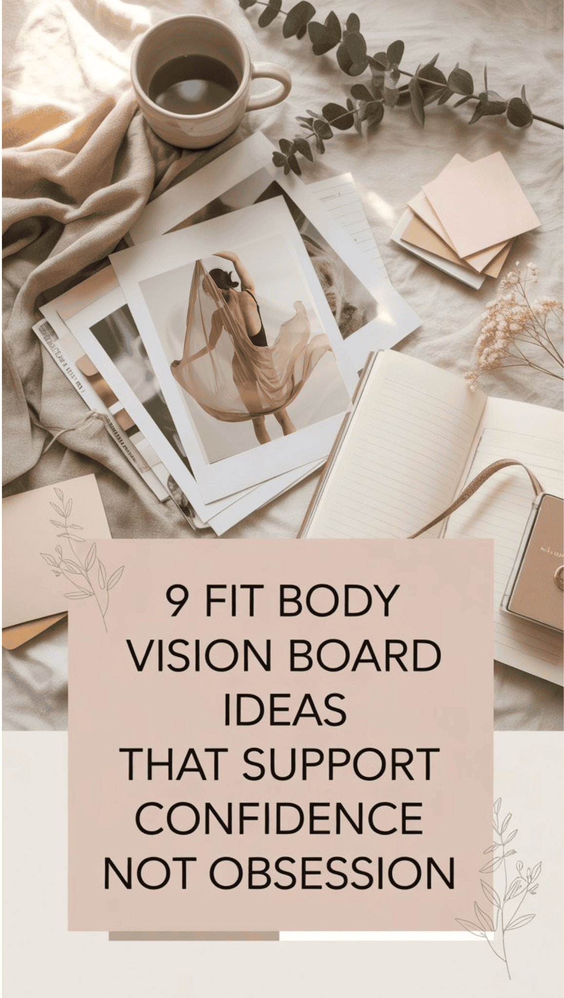 A flat lay of coffee, photos, notebooks, and stationery on neutral fabric, with text overlay: 9 Vision Board Ideas for a fit body that support confidence not obsession.