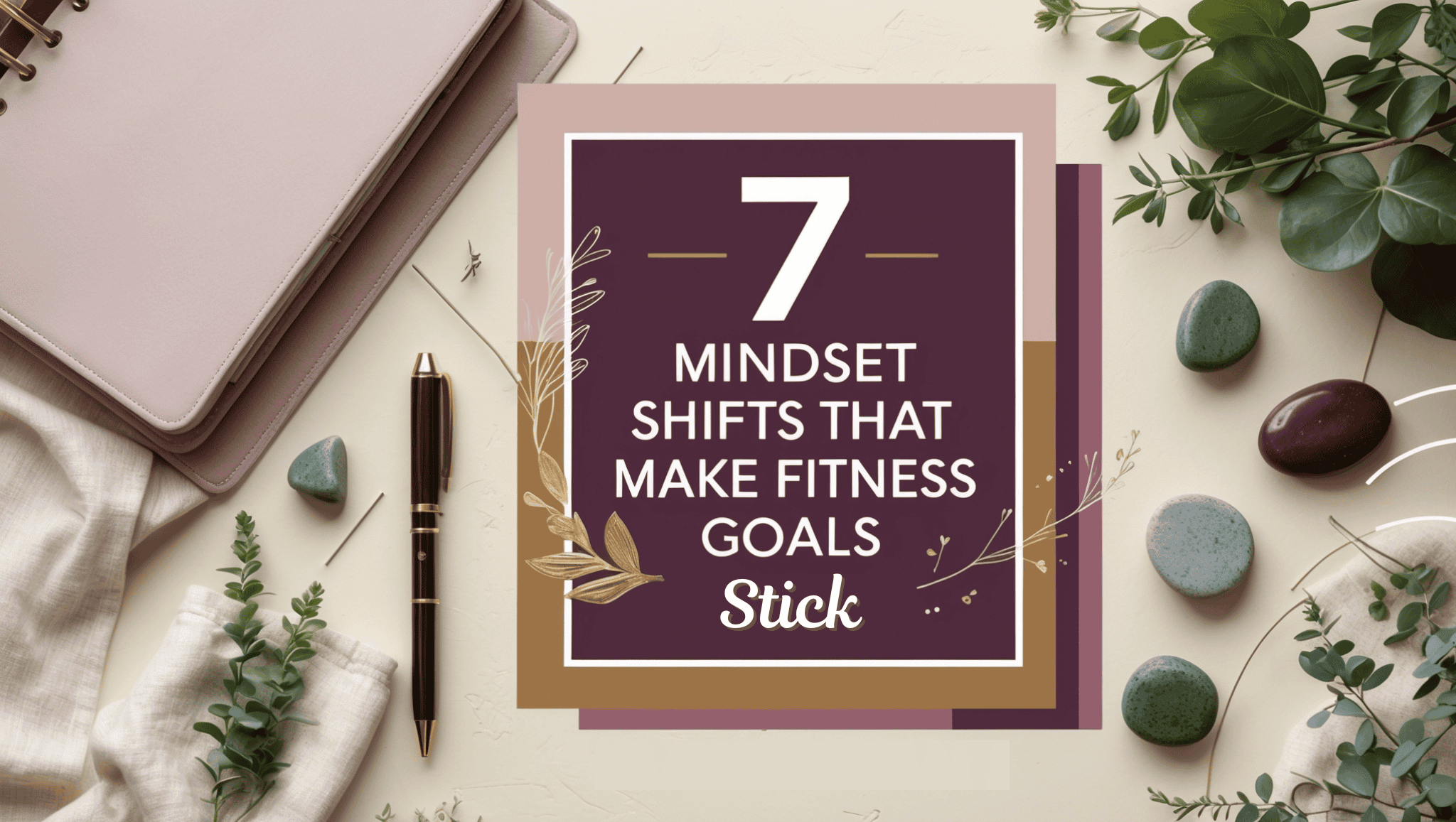 A notebook, pen, and leaves surround a graphic that reads, 7 Mindset Shifts That Make Fitness Goals Stick. The design features earthy tones and natural elements, emphasizing how the right mindset shifts support lasting fitness goals.