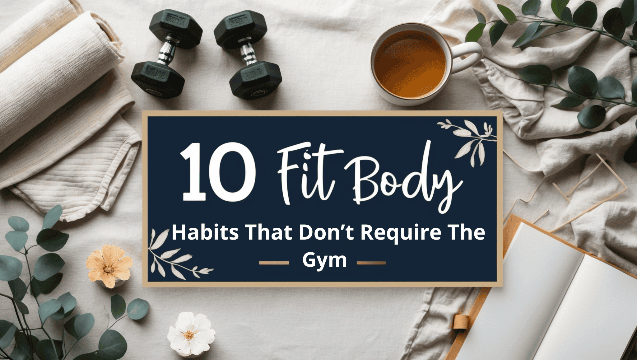 A flat lay with dumbbells, tea, towel, and plants surrounds a sign that reads: 10 Fit Body Habits That Don’t Require The Gym—simple daily rituals for staying strong and healthy outside traditional gym routines.