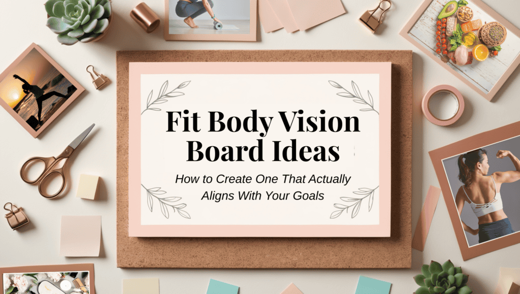 A vision board with the text “Fit Body Vision Board Ideas: How to Create One That Actually Aligns With Your Goals,” surrounded by fitness and health-themed photos, scissors, stationery, fruit, a plant, and Fit Body Vision Board Ideas for inspiration.