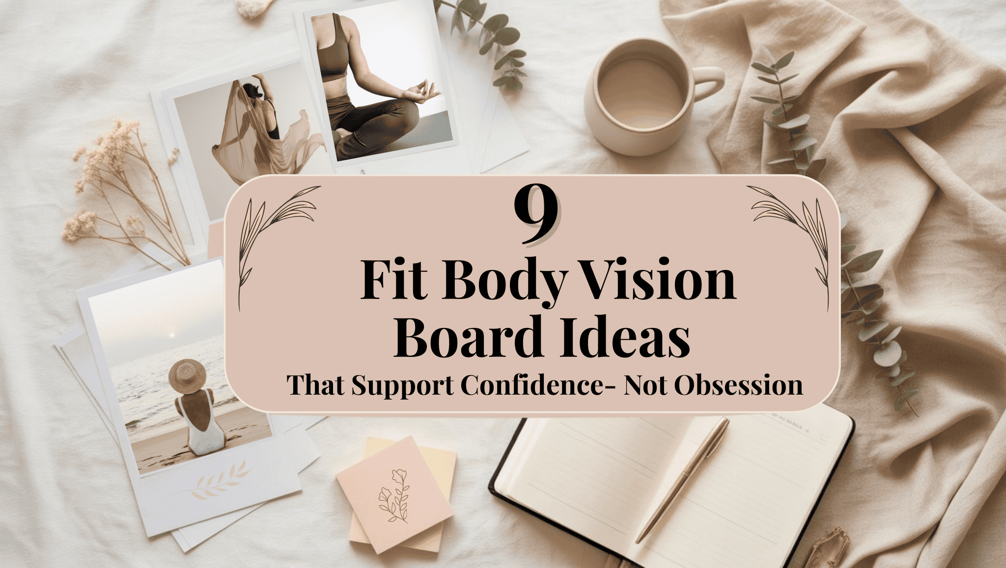 A neutral-toned flat lay with photos, an open notebook, a mug, and leaves, overlaid with text: 9 Vision Board Ideas for a Fit Body That Support Confidence—Not Obsession.