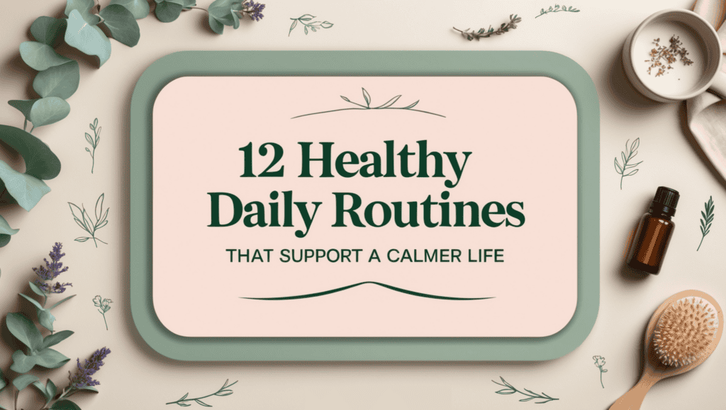 A sign reads “12 Healthy Daily Routines That Support a Calmer Life,” surrounded by plants, a brush, a bottle, and calming natural decor—perfect inspiration for establishing healthy daily routines in your space.