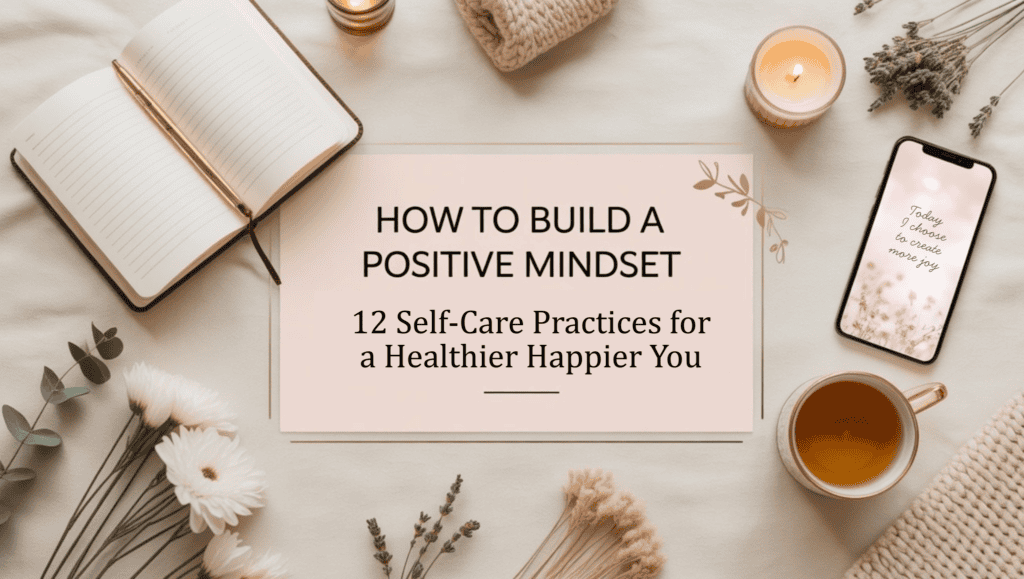 A flat lay of a journal, flowers, coffee, candles, and a phone surrounds a sign reading “How to Build a Positive Mindset: 12 Self-Care Practices for a Healthier Happier You” on a beige background.