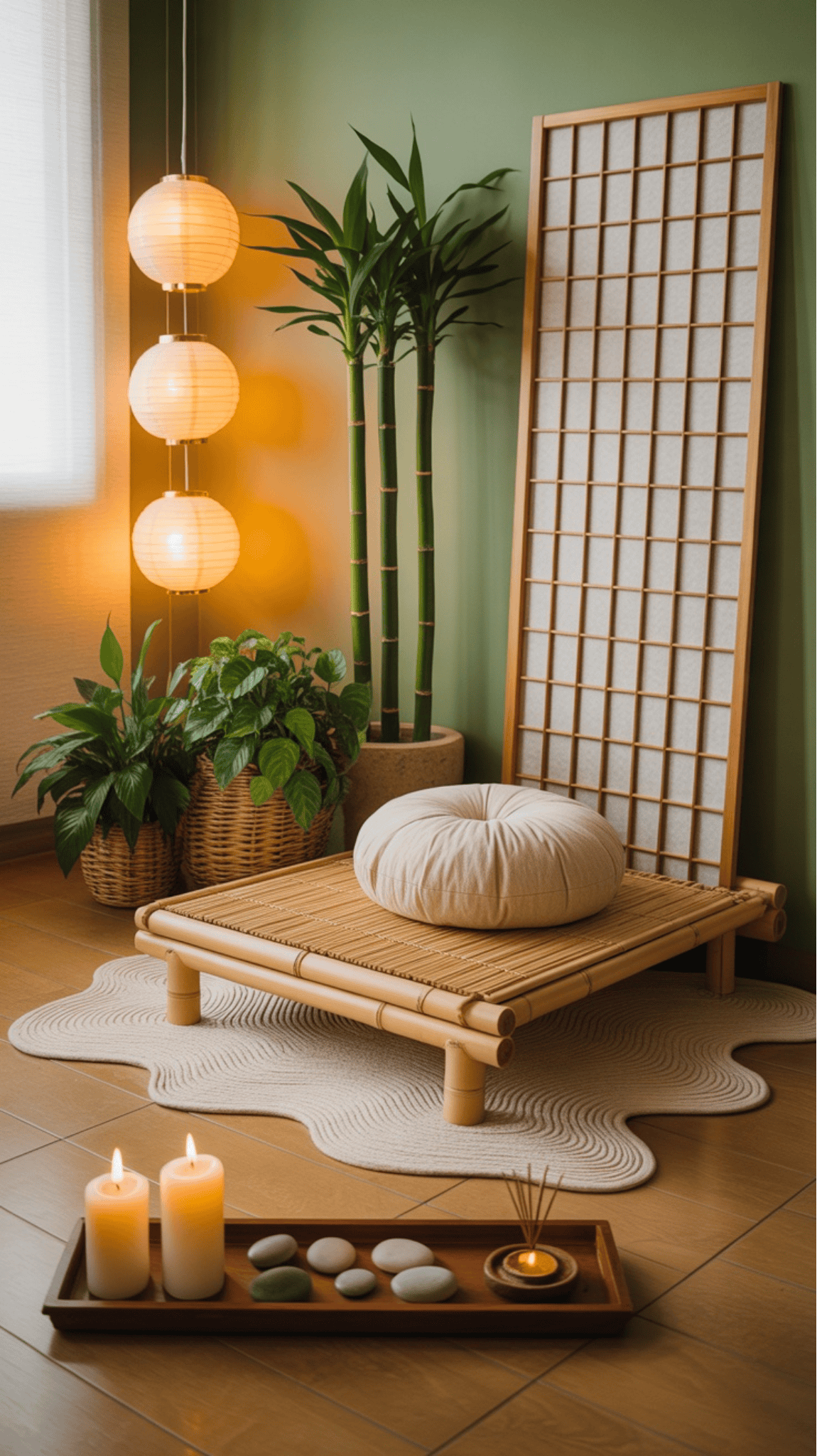 A tranquil Zen Meditation Space with a bamboo mat, round cushion, shoji screen, potted plants, hanging lanterns, and a tray holding candles, stones, and incense on a wooden floor with a textured rug.