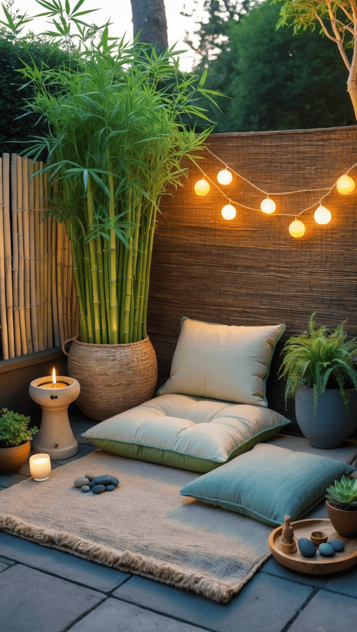 A cozy outdoor nook with floor cushions, a soft rug, potted bamboo and ferns, string lights, pebbles, a candle, and wooden decor creates a relaxing Zen Meditation Space with a calming, Zen-inspired atmosphere.
