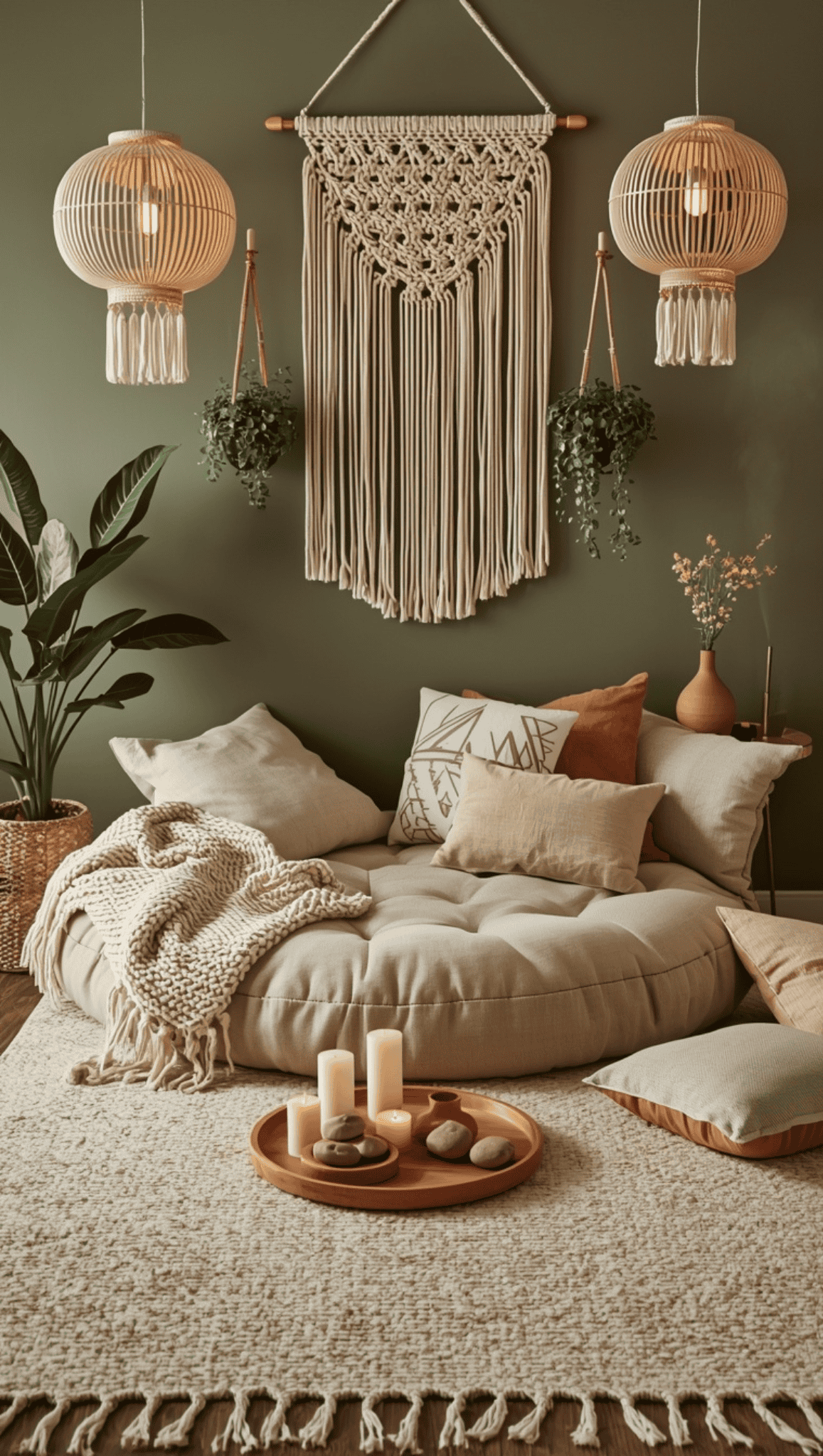 A cozy boho living space designed as a Zen Meditation Space, featuring a round cushioned floor seat, neutral pillows, knitted blanket, hanging plants, woven pendant lights, macrame wall art, and a tray of candles on a textured rug.