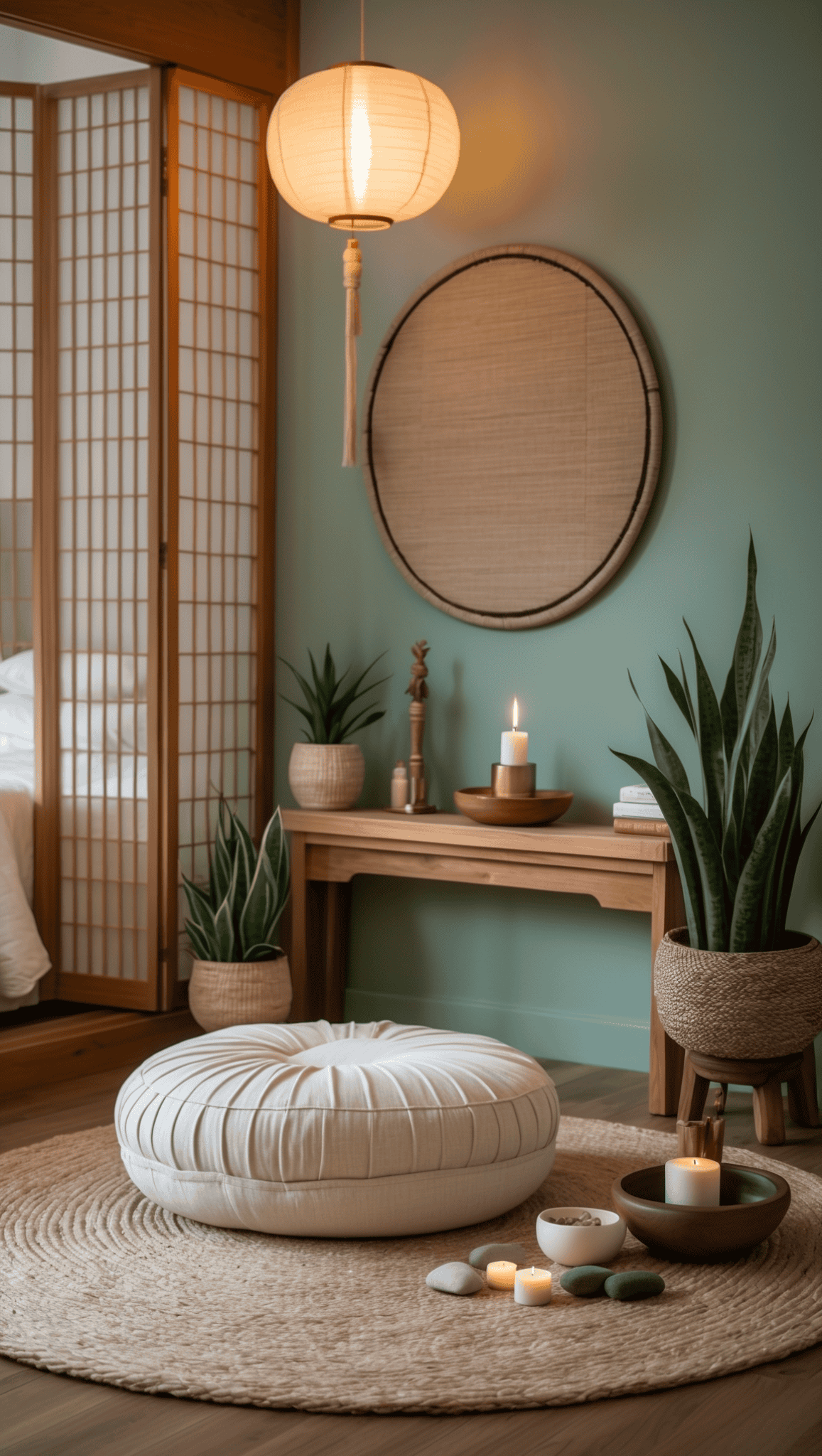 A serene, minimalist Zen Meditation Space with a round floor cushion on a woven rug, potted plants, lit candles, and a wooden table beneath a large circular mirror. Soft lighting creates a calming, spa-like atmosphere.