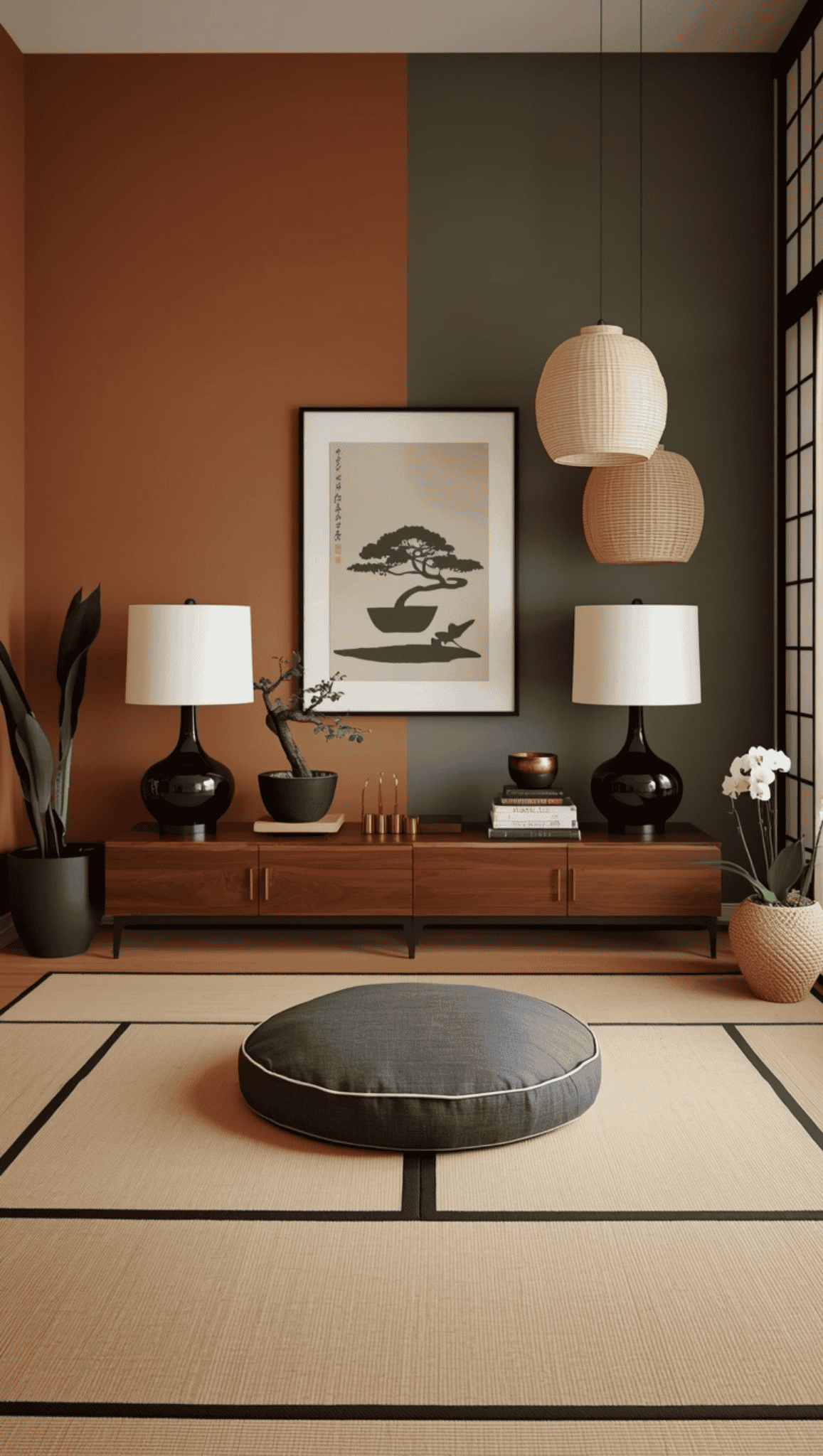 A modern Japanese-style living room designed as a Zen Meditation Space, featuring a round floor cushion, low wooden cabinet, two table lamps, hanging pendant lights, potted plants, framed tree artwork, and a large window with natural light.
