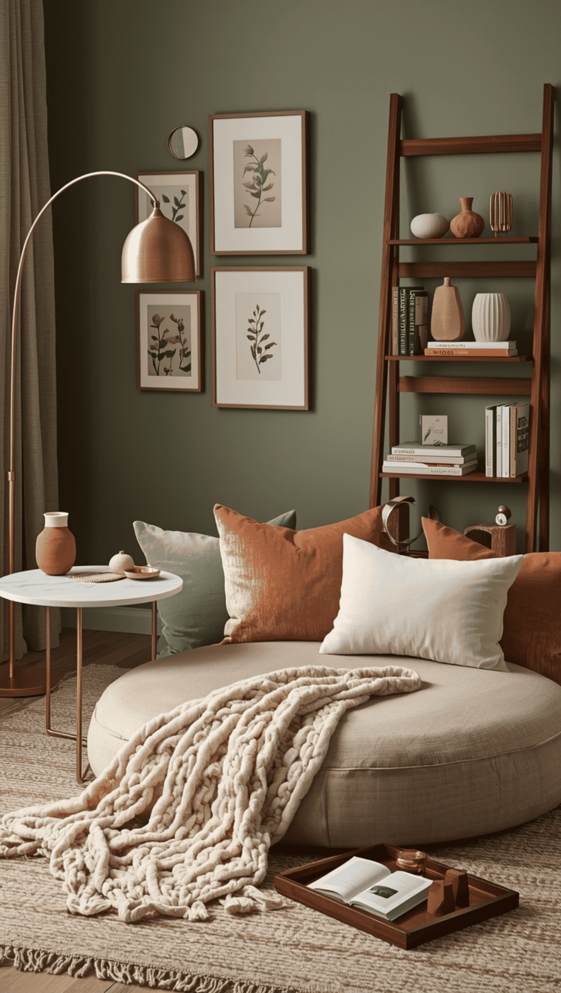 Cozy living room with green walls, earthy decor, and a Zen Meditation Space featuring a round pouf chair with pillows and knit blanket, side table, botanical art, and a wooden ladder shelf filled with vases and books.