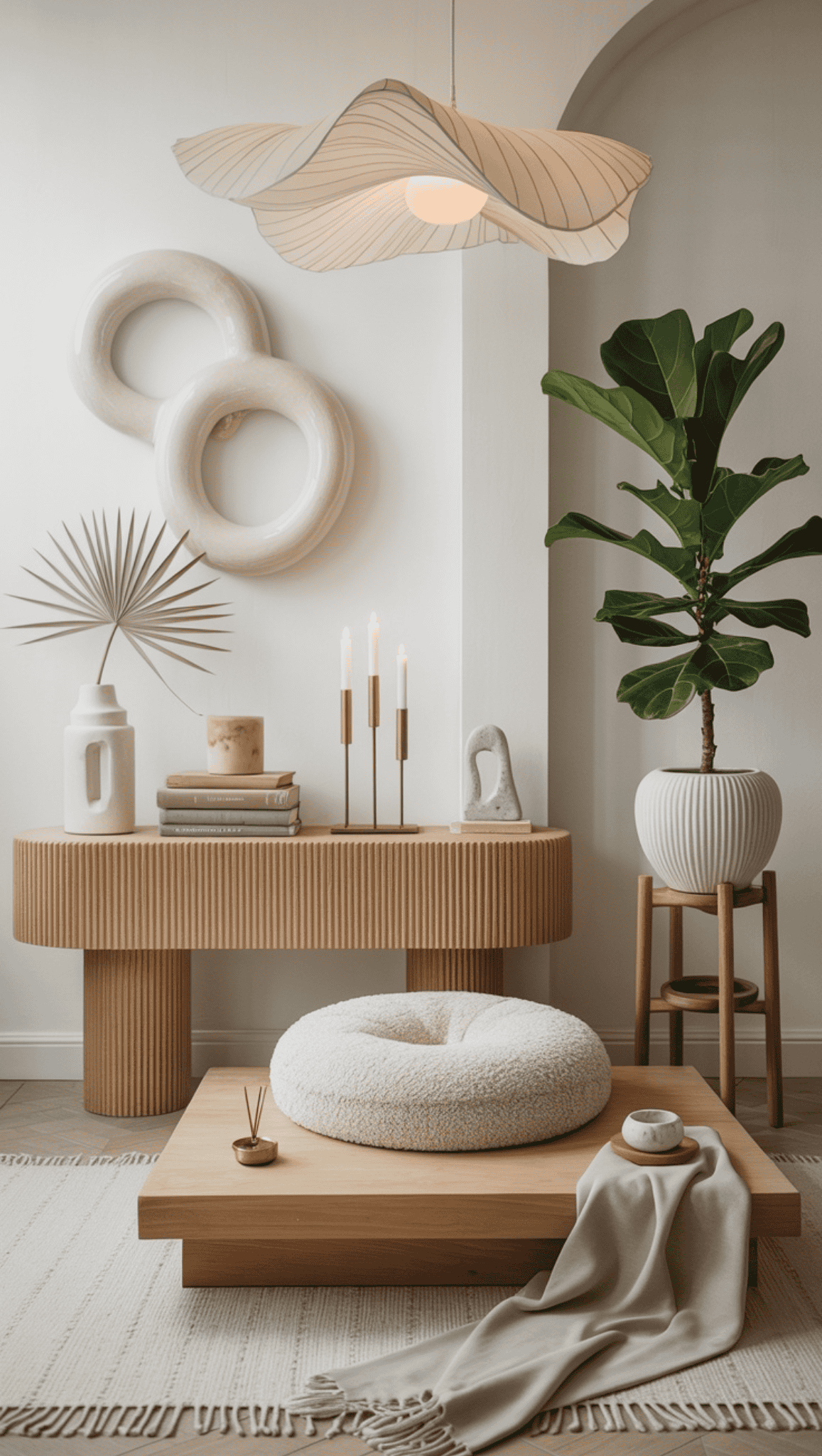 A modern, minimalist living room with neutral tones creates a serene Zen Meditation Space, featuring a low wooden table, plush cushion, potted plant, sculptural decor, candles, abstract wall art, and a wavy contemporary ceiling light.