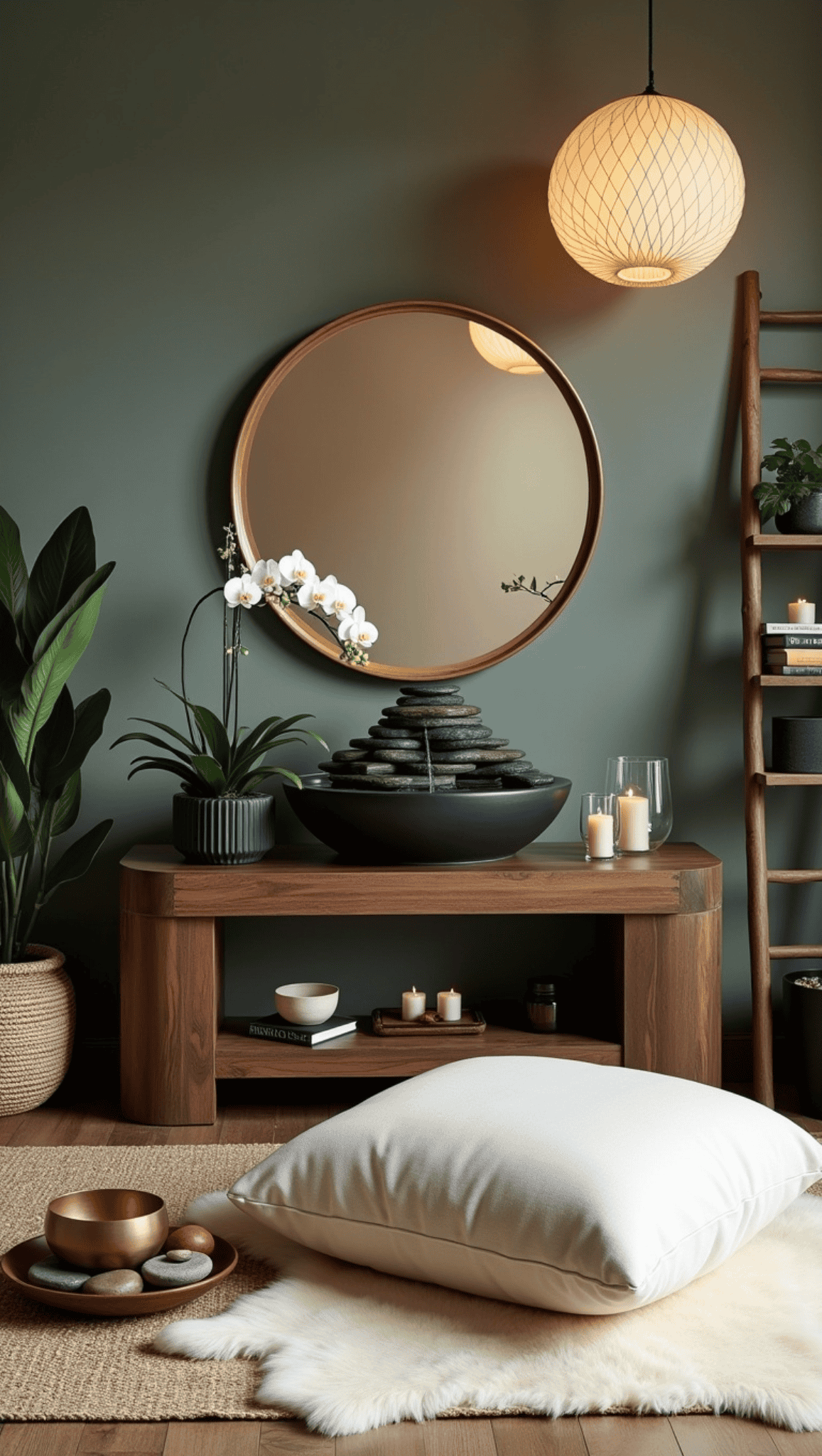 A serene, modern Zen Meditation Space with a round mirror, stacked stone fountain, white orchid, candles, a floor cushion on a soft rug, and leafy plants—all thoughtfully arranged on a wooden bench under warm lighting.