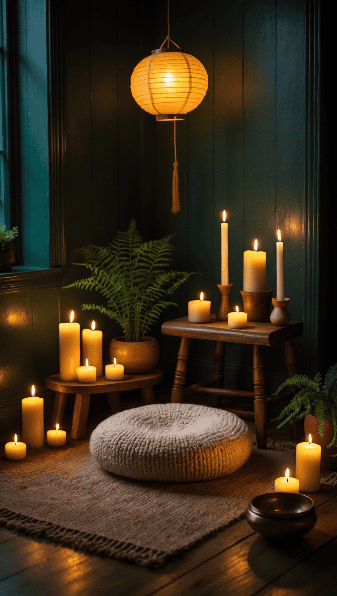 A cozy Zen Meditation Space features a knitted cushion on a rug, surrounded by lit candles of various sizes on wooden stools, potted ferns, and a hanging paper lantern, creating a warm, tranquil atmosphere.