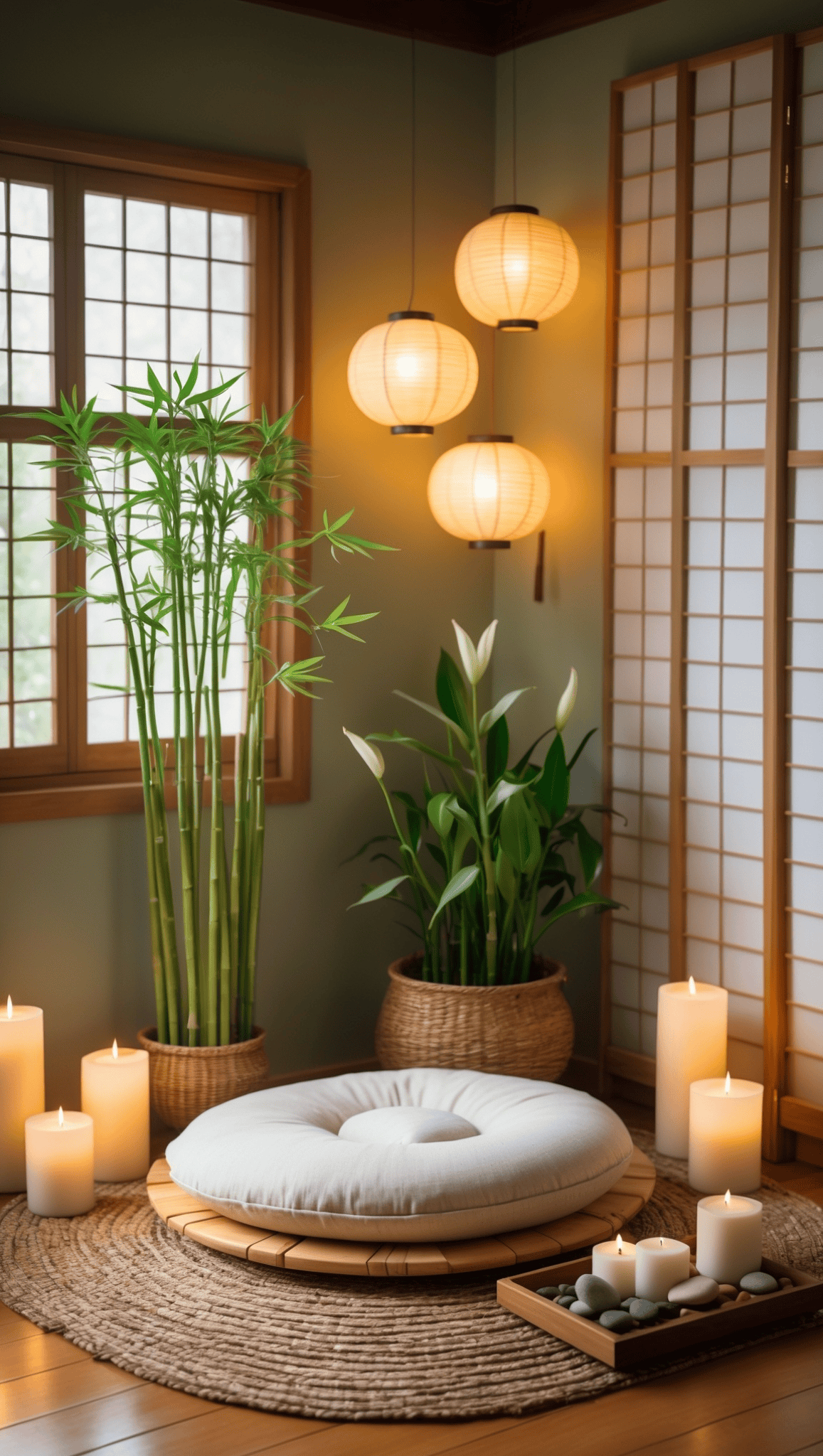 A serene Zen Meditation Space with a round cushion on a woven mat, surrounded by bamboo and leafy plants, lit by candles and hanging lanterns, with wooden screens and soft natural light from a window.