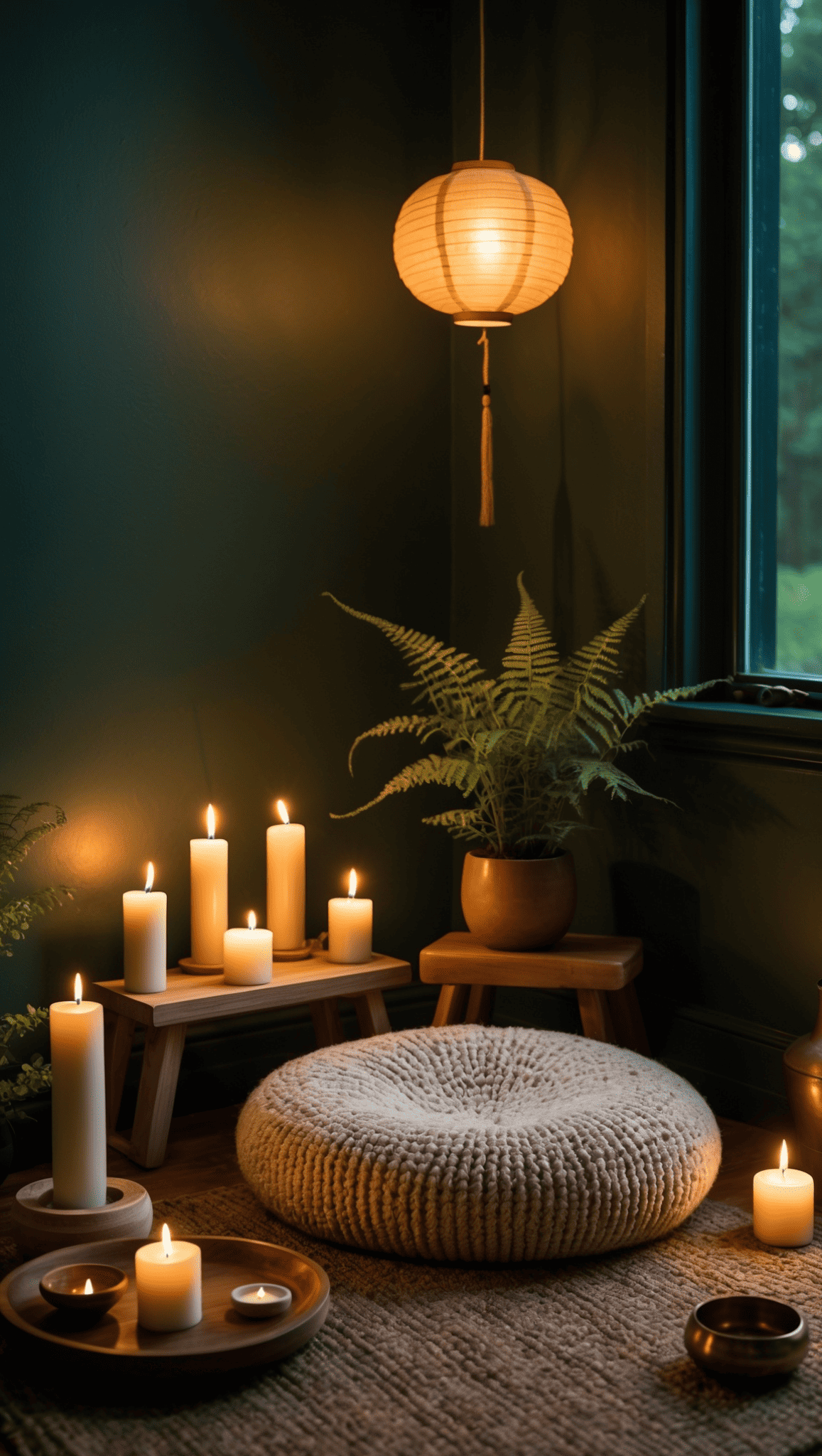 A cozy Zen Meditation Space with a round knitted cushion, lit candles on wooden stools, a potted fern, a hanging paper lantern, and soft natural light from a nearby window. The ambiance is calm and peaceful.