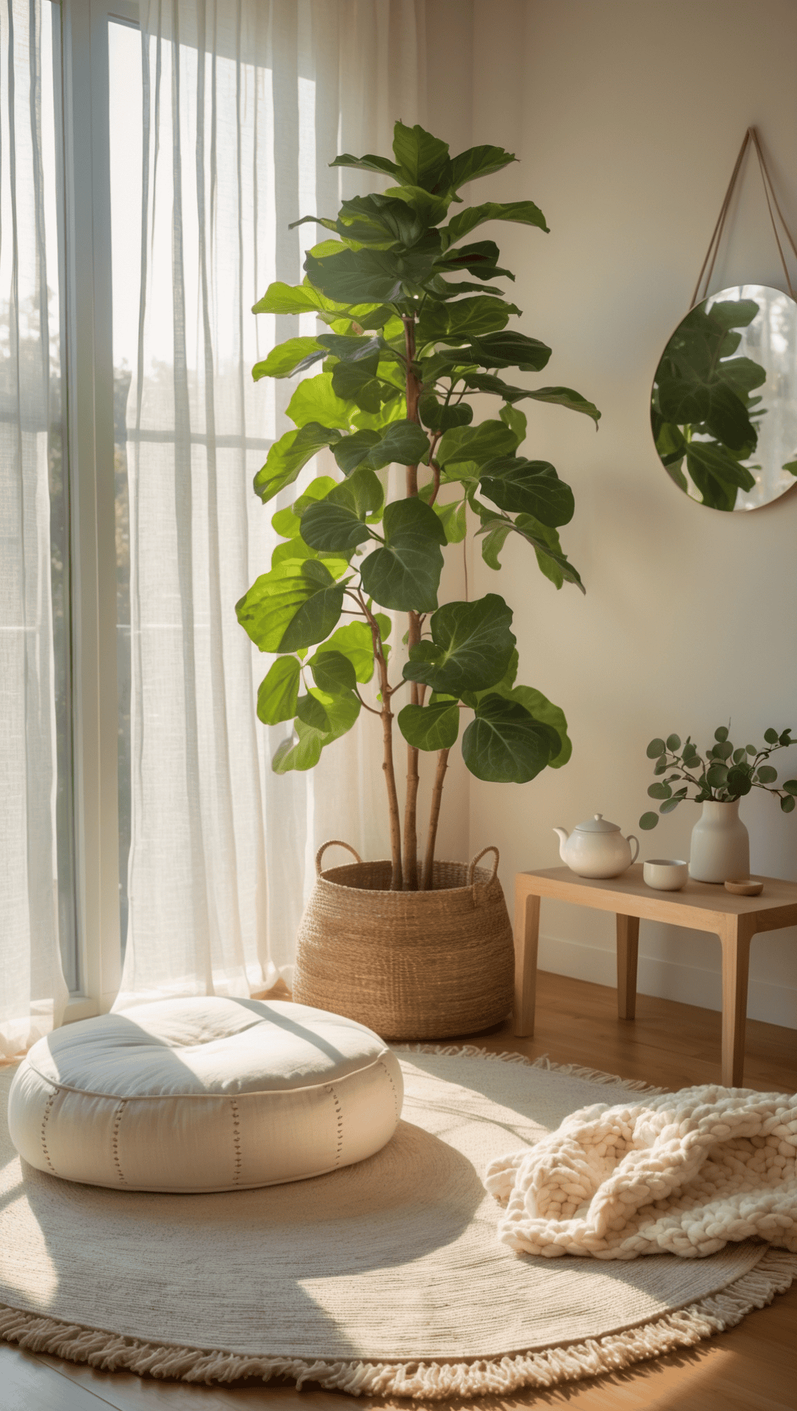 A cozy, sunlit Zen Meditation Space with a large potted plant, round cushion, knitted blanket, and small wooden table holding a teapot, cup, and plant; sheer curtains and a round mirror enhance the serene, minimalist decor.