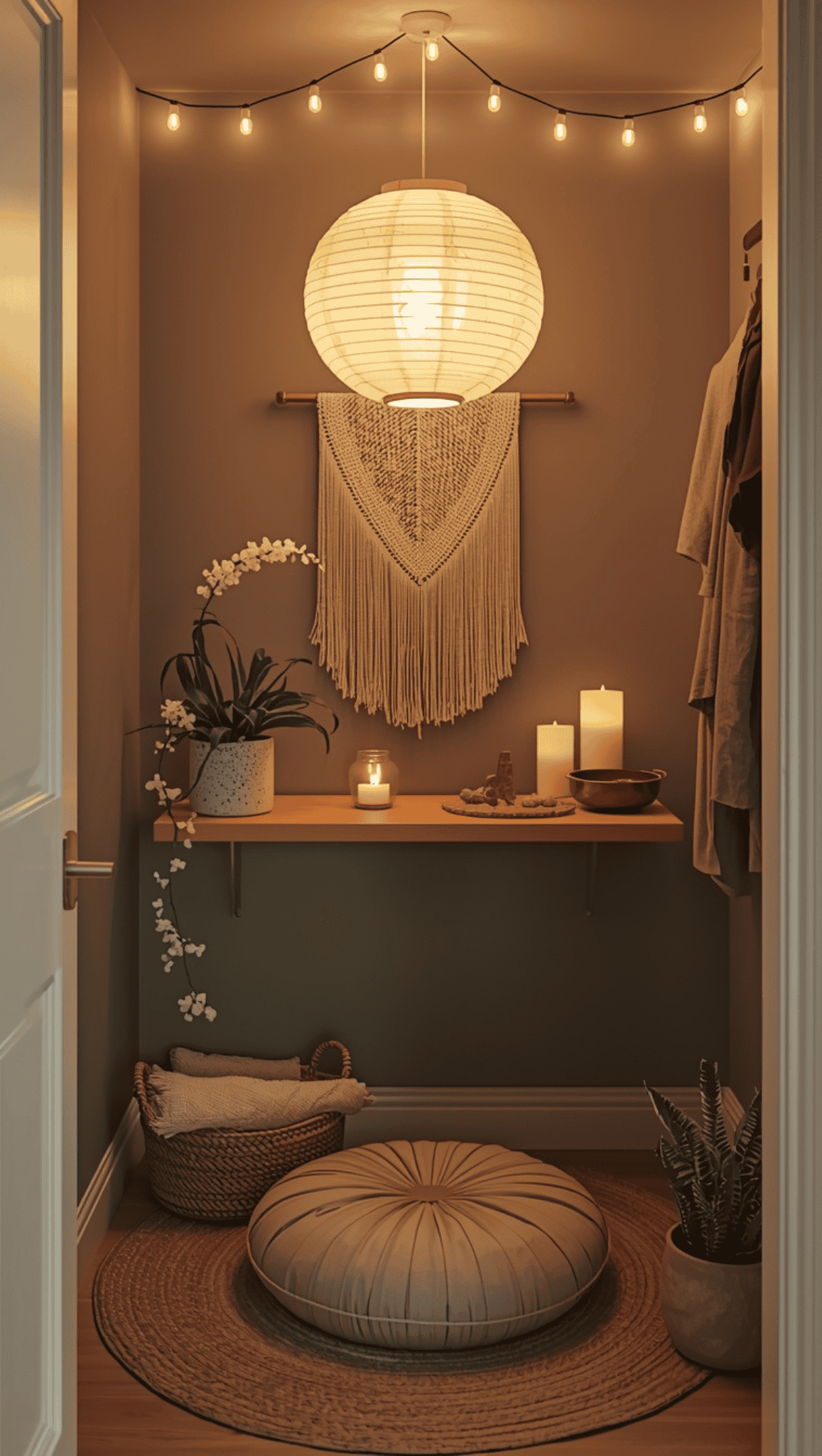 A cozy Zen Meditation Space with a round cushion on a woven rug, candles, a potted orchid, a macramé wall hanging, and a paper lantern, softly lit by string lights. Shelves hold calming decor and neatly folded towels.