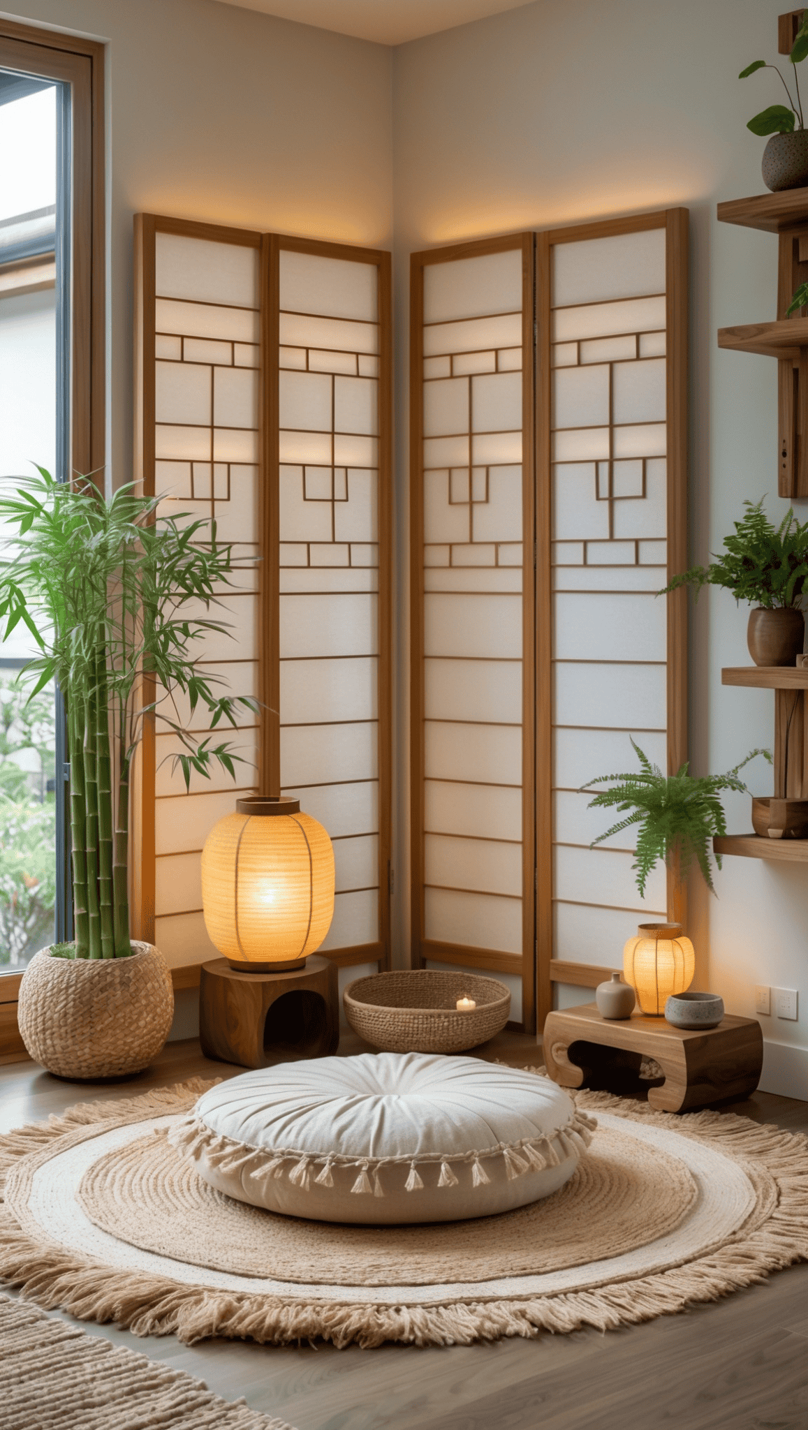 A cozy Zen Meditation Space with a round cushion on a woven rug, bamboo plants, small wooden tables, glowing lanterns, and a decorative wooden screen creates a peaceful, minimalist Japanese-inspired interior.