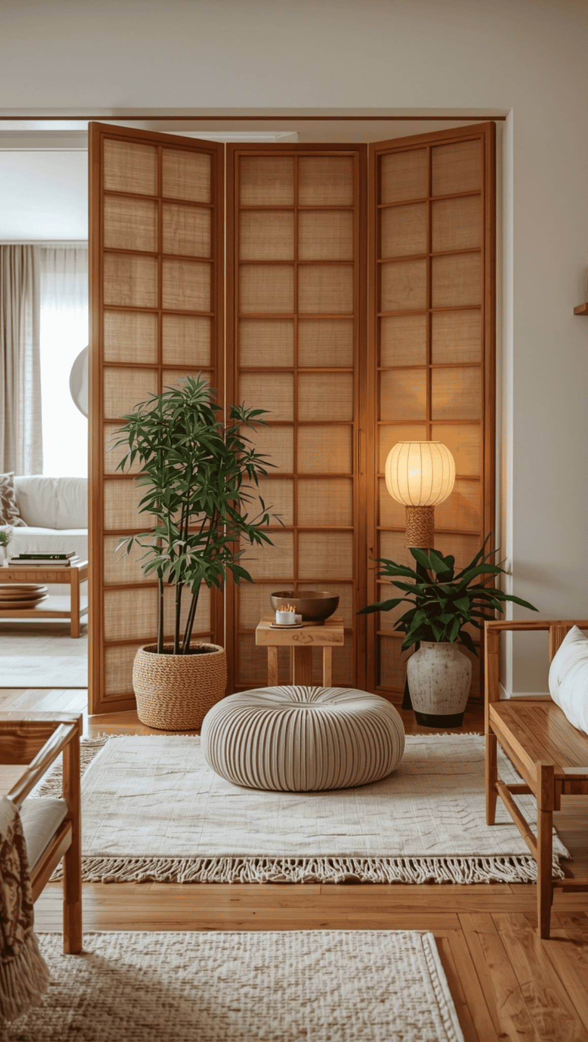 A cozy living room features a wooden shoji screen, indoor plants, a round pouf, and glowing paper lantern—neutral-toned furniture on a textured rug creates a serene, minimalist Zen Meditation Space perfect for relaxation.