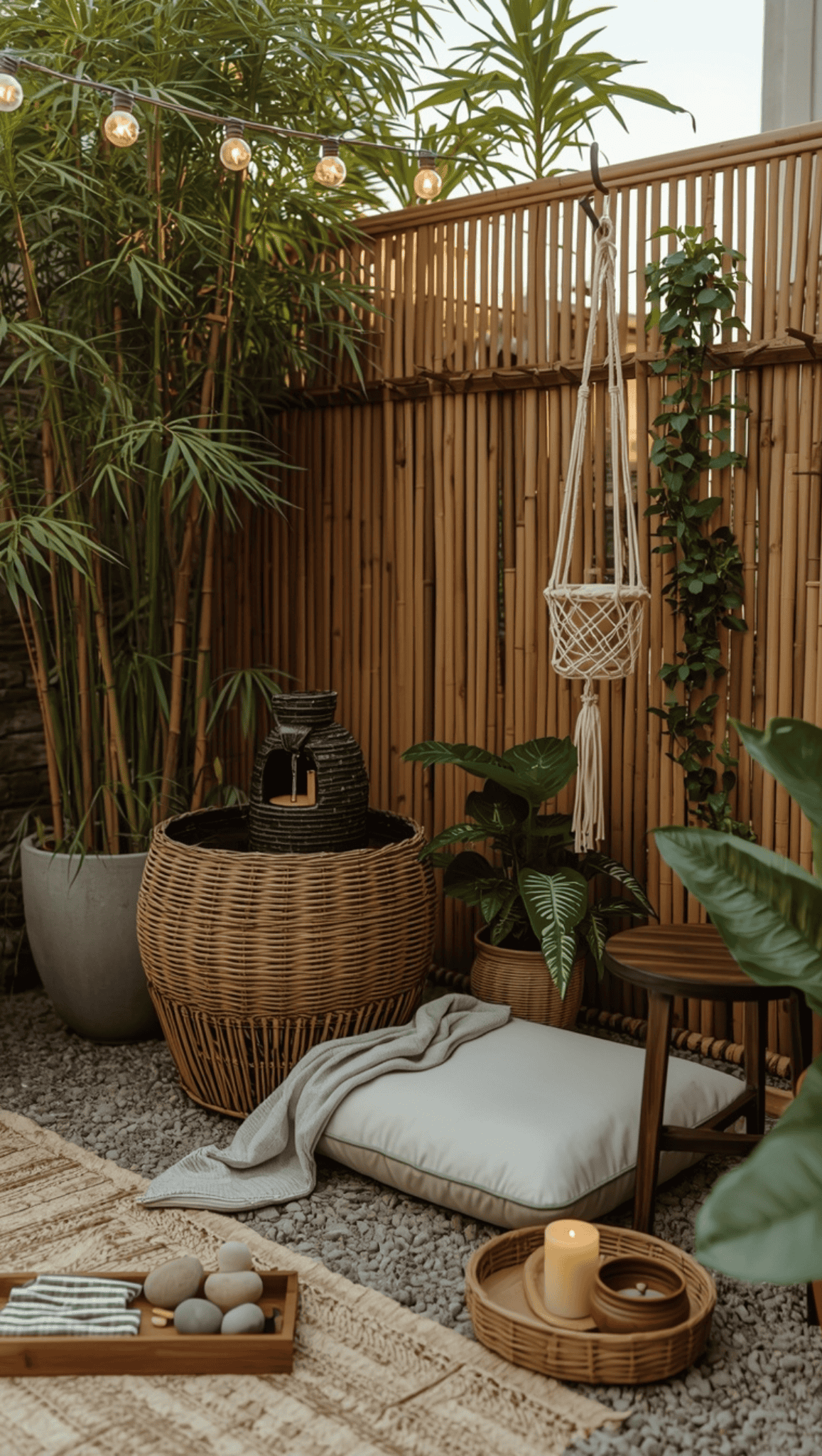 A cozy Zen Meditation Space with bamboo fencing, potted plants, a wicker water fountain, a white cushion, small tray with candles and stones, and string lights overhead creates a peaceful, natural ambiance.
