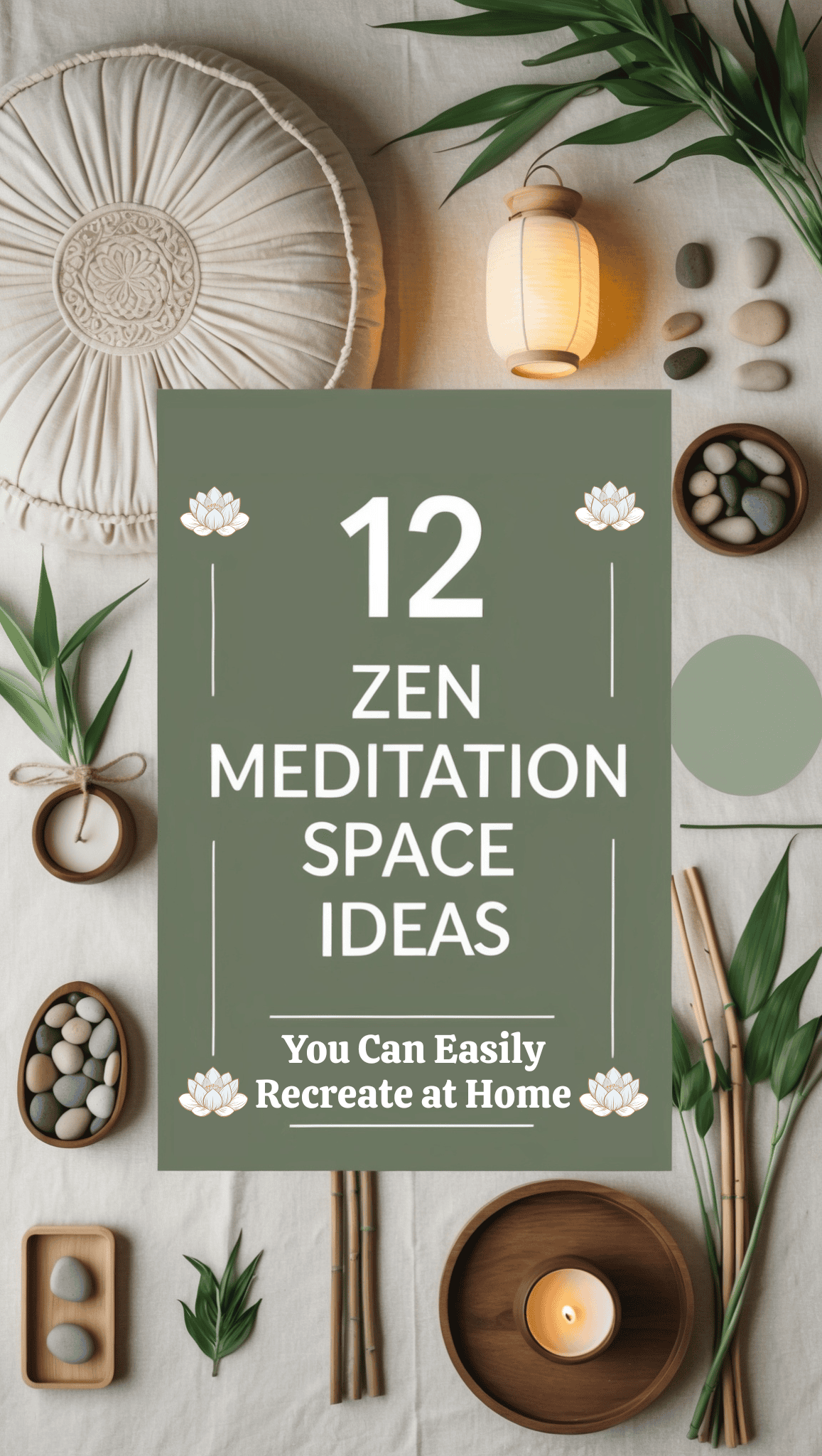A flat lay of a Zen Meditation Space with stones, bamboo, green leaves, a round cushion, candle, and lantern. Centered text reads: 12 Zen Meditation Space Ideas You Can Easily Recreate at Home.