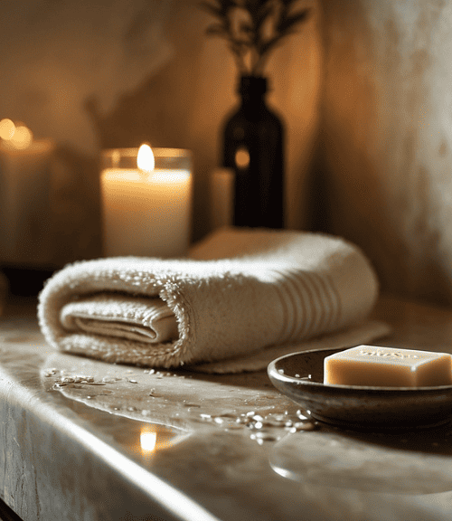 A cozy bathroom countertop set for your Night Shower Routine, with a rolled towel, bar soap on a dish, a brown pump bottle, lit candles, and a brown glass bottle with a plant create a calm and spa-like atmosphere.