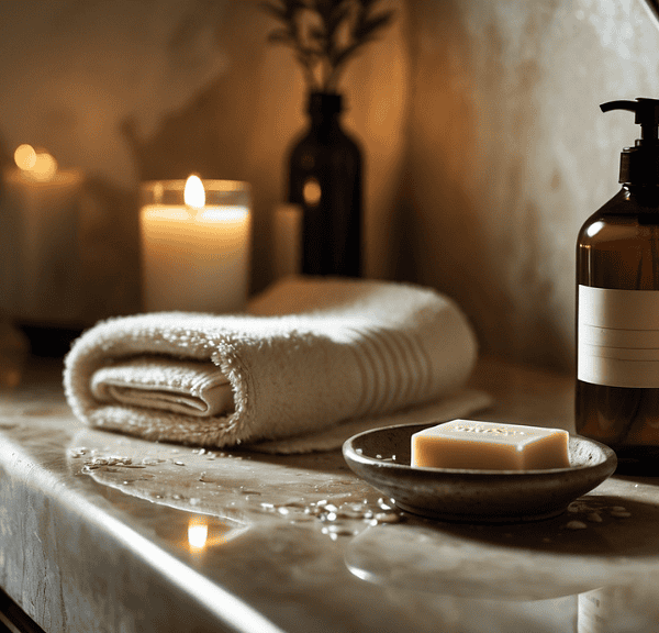 A cozy bathroom countertop set for your Night Shower Routine, with a rolled towel, bar soap on a dish, a brown pump bottle, lit candles, and a brown glass bottle with a plant create a calm and spa-like atmosphere.
