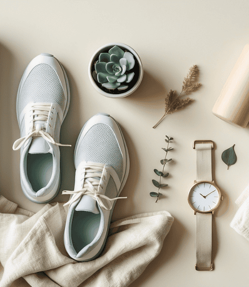 Flat lay of fitness essentials: white sneakers, yoga mat, water bottle, wristwatch, towel, dumbbells, a small potted succulent, and sprigs of greenery—everything you need to stay fit after 35 on a neutral background.