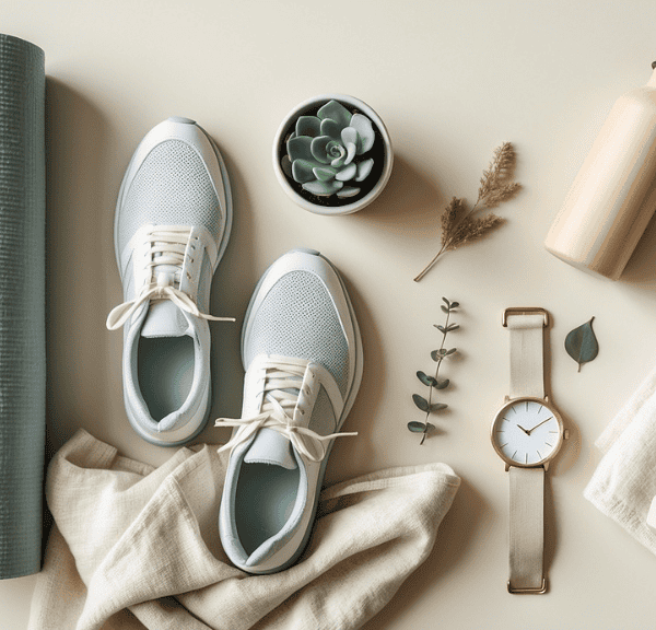 Flat lay of fitness essentials: white sneakers, yoga mat, water bottle, wristwatch, towel, dumbbells, a small potted succulent, and sprigs of greenery—everything you need to stay fit after 35 on a neutral background.