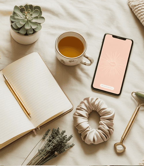 A cozy flat lay featuring a notebook, smartphone, cup of tea, candles, flowers, jade roller, books, mirror, lavender, succulent plant, and scrunchie on a beige blanket—perfect for inspiring self-care and a positive mindset.