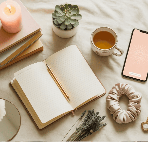 A cozy flat lay featuring a notebook, smartphone, cup of tea, candles, flowers, jade roller, books, mirror, lavender, succulent plant, and scrunchie on a beige blanket—perfect for inspiring self-care and a positive mindset.