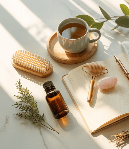 A flat lay of self-care items—including a cup of tea, open notebook, pens, jade roller, serum bottle, and more—captures healthy daily routines on a sunlit surface with lavender, honey, and a cozy blanket for added comfort.